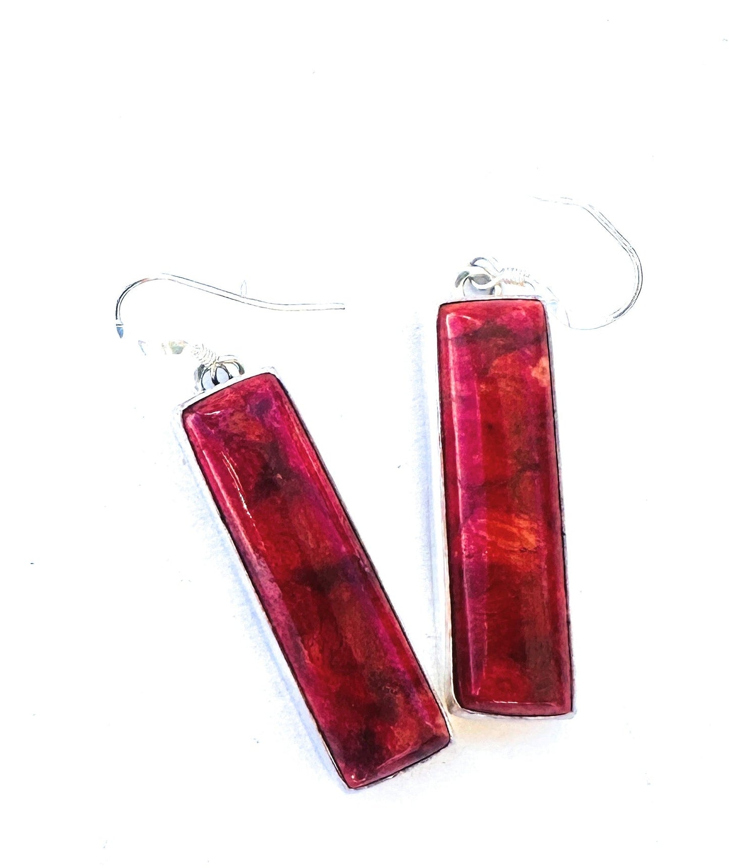 Handcrafted Sterling Silver Apple Coral Rectangle Dangle Earrings