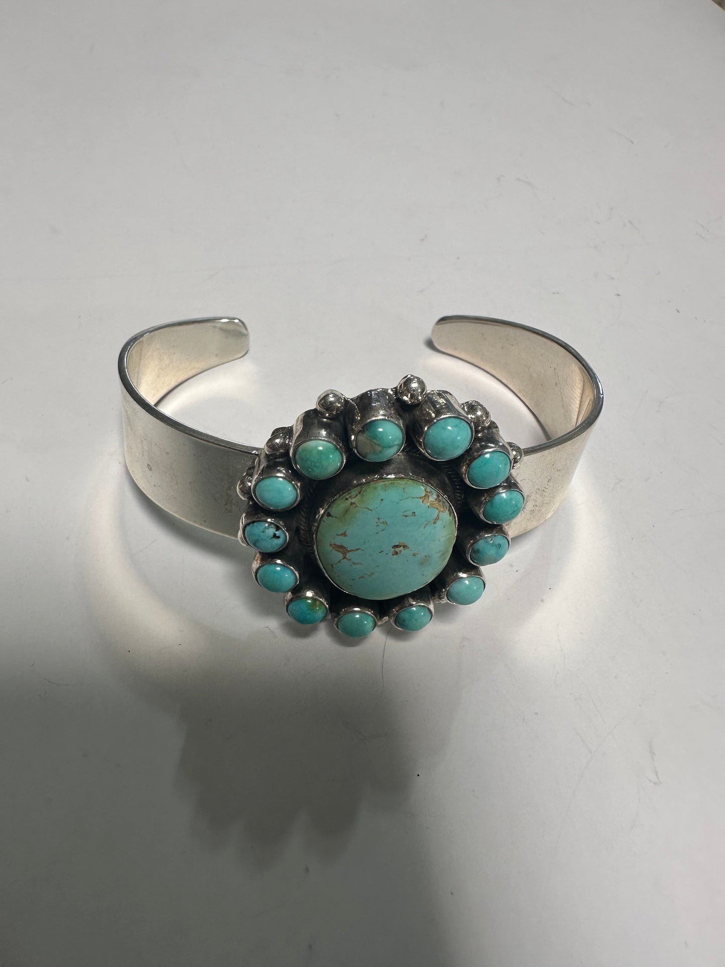 Beautiful B Johnson Handcrafted Sterling Turquoise Cluster Bracelet Cuff Signed /
