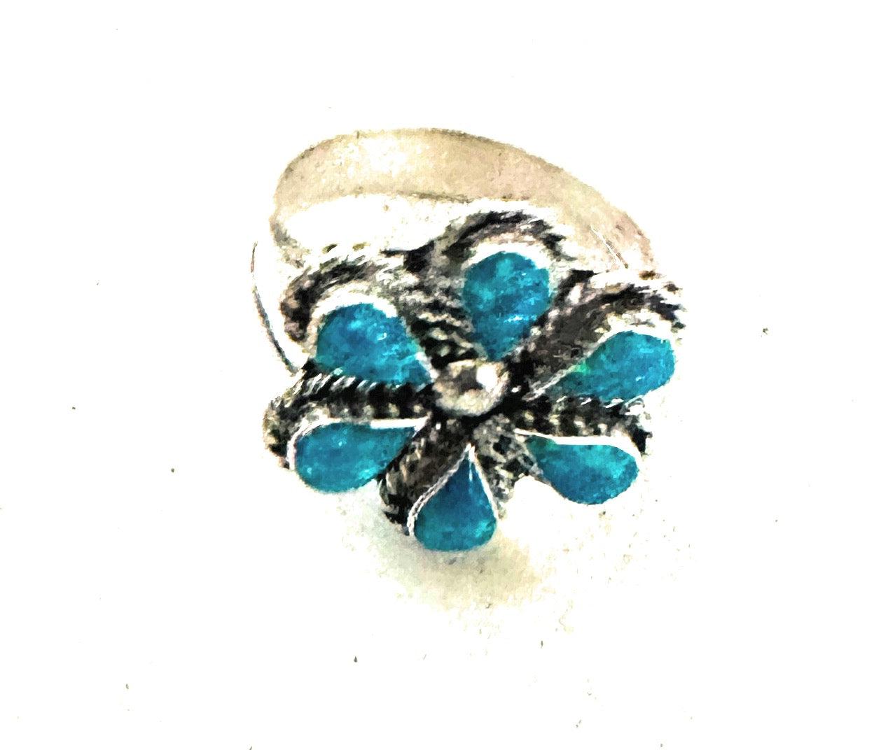 Handcrafted Sterling Silver & Blue Opal Flower Ring Size 7.5