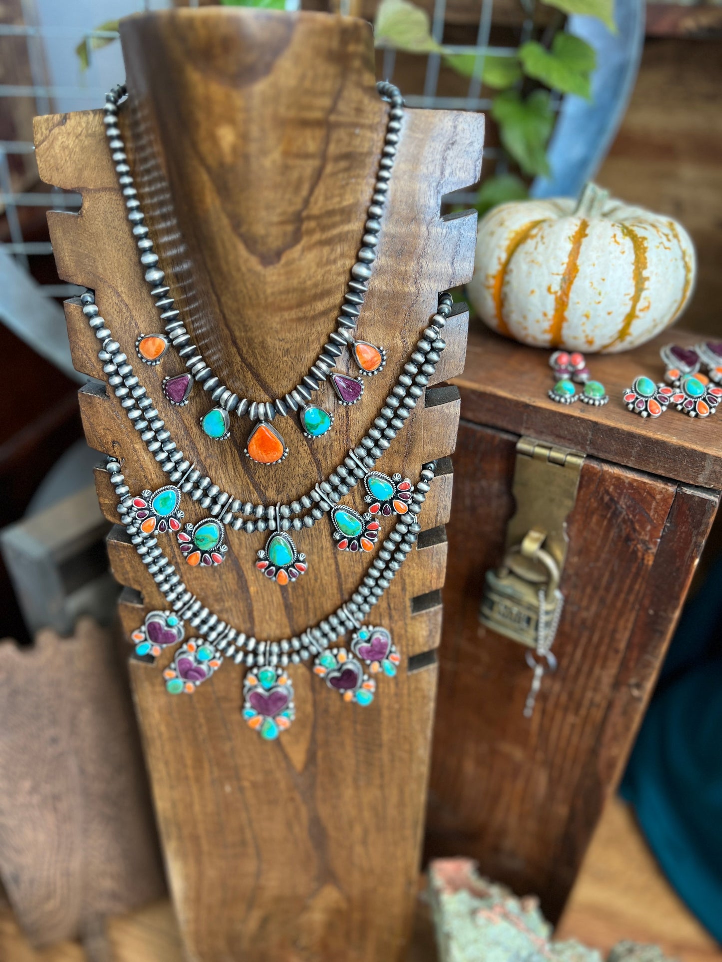 Handcrafted Sterling Silver Electric Rainbow Beaded Heart Cluster Necklace & Earrings Set by Angela Martin
