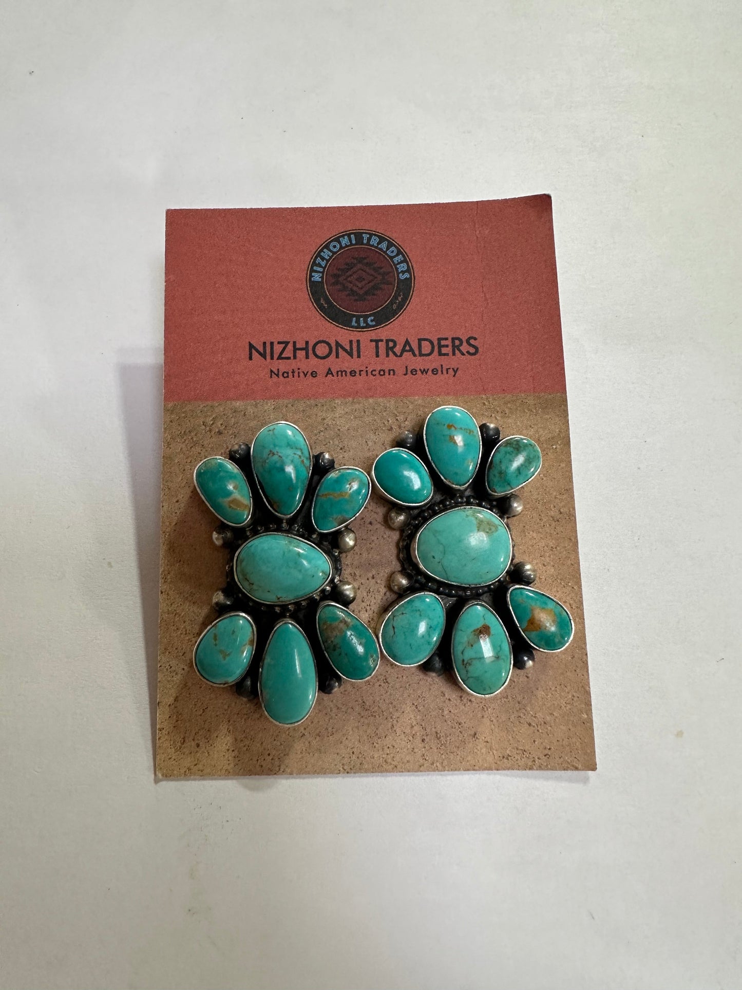 Handcrafted Sterling Silver & Turquoise Cluster Post Earrings Signed