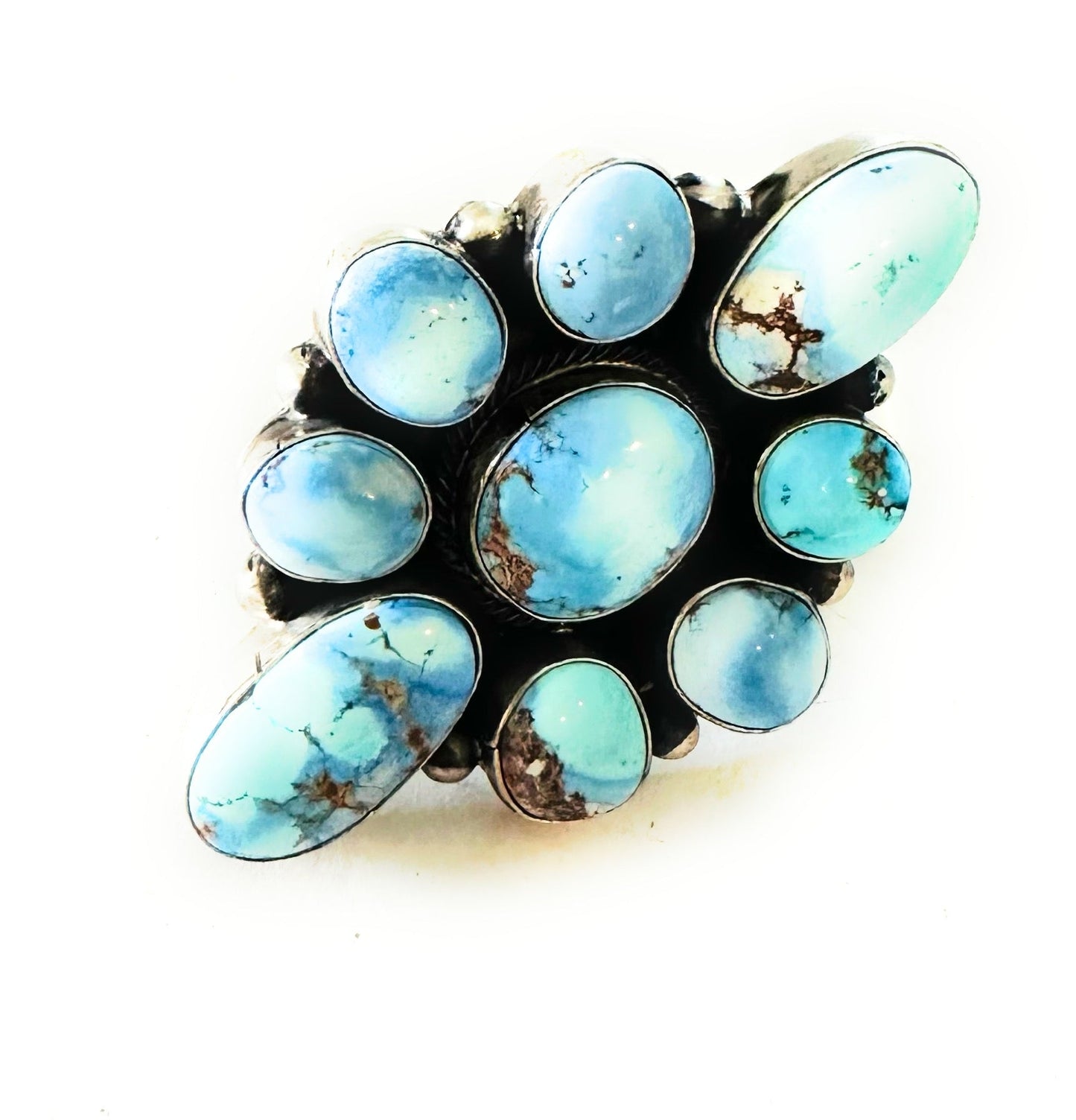 Handcrafted Golden Hills Turquoise & Sterling Silver Cluster Ring Size 7.75