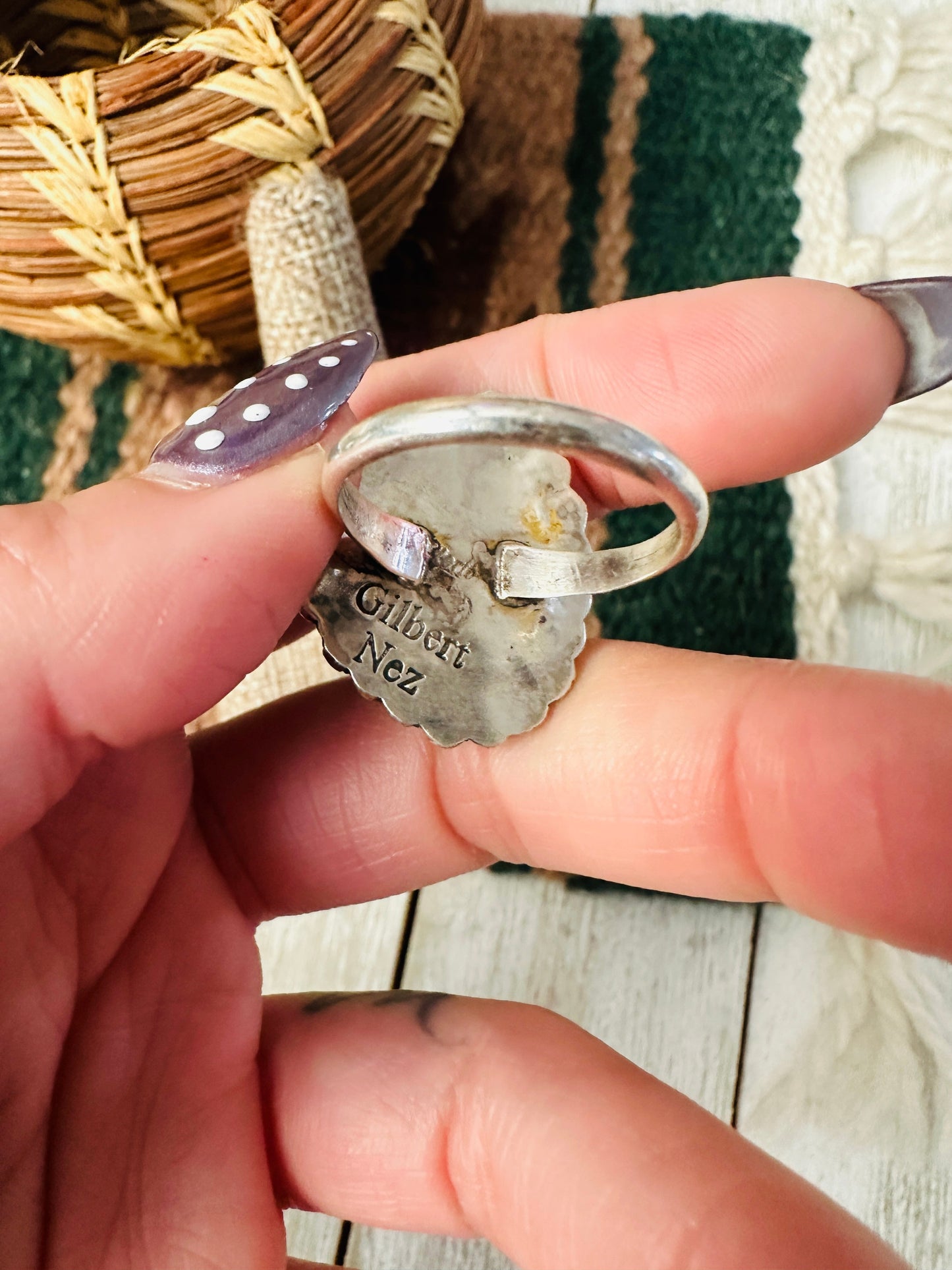 Old Pawn Handcrafted Turquoise & Sterling Silver Ring Size 9 by Gilbert Nez