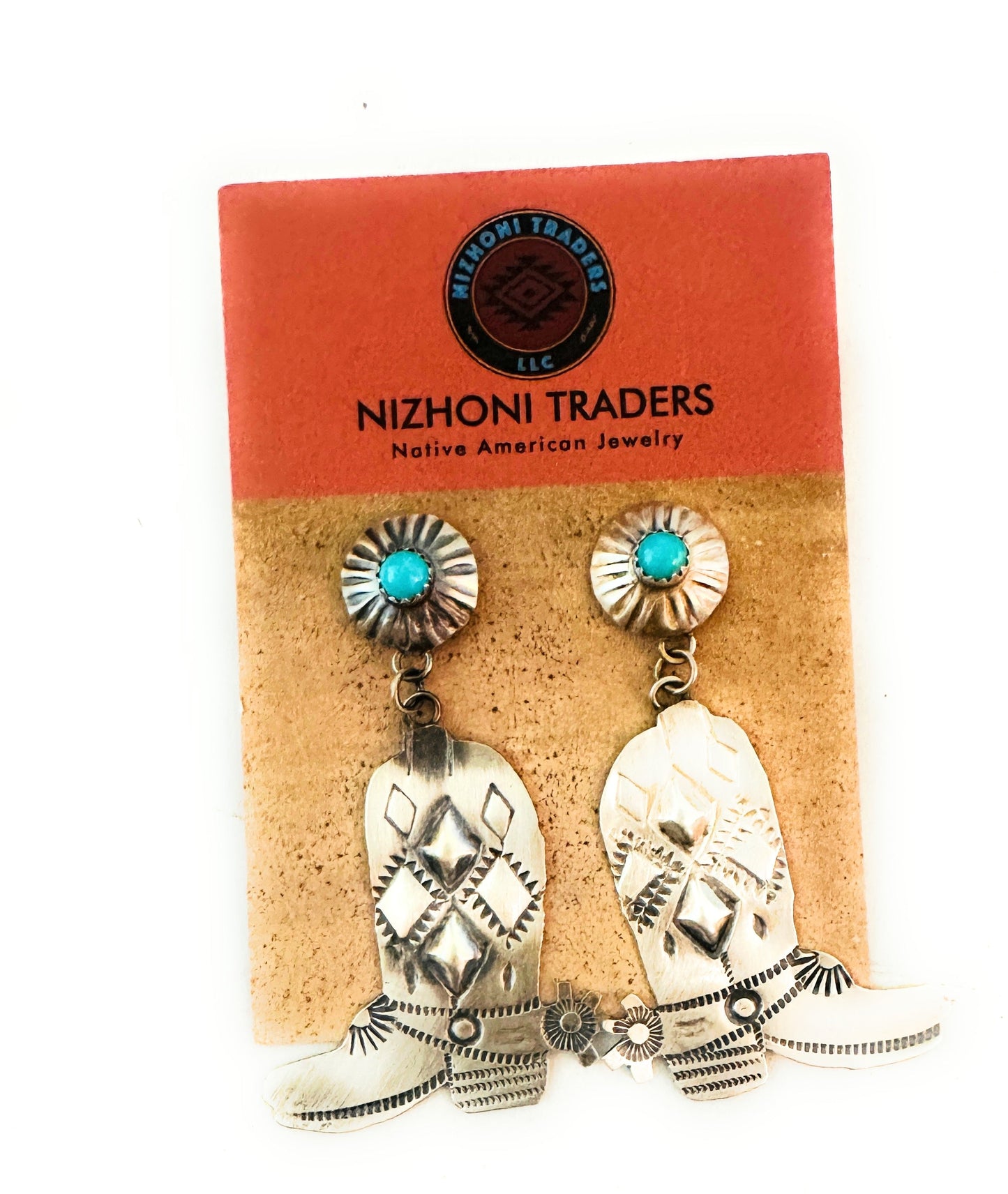 Handcrafted Turquoise & Sterling Silver Cowboy Boot Dangle Earrings By Tim Yazzie