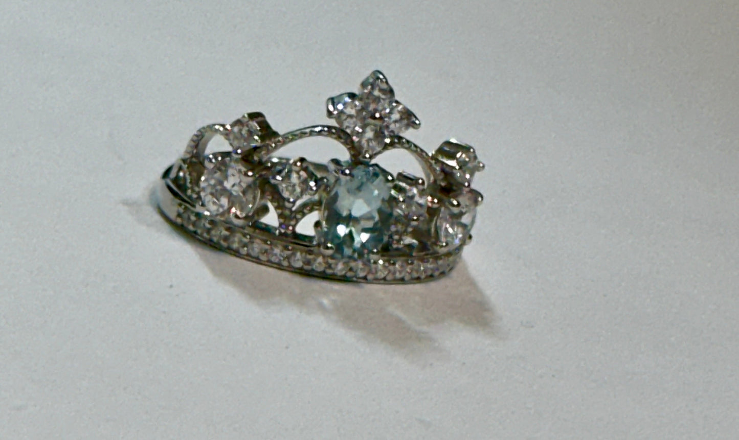 Aquamarine & CZ Oval Stone Crown Sterling Silver Ring Size 6