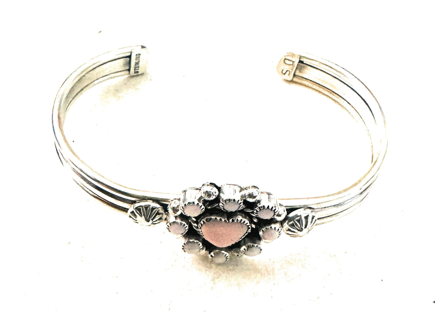 Handcrafted Queen Pink Conch Shell & Sterling Silver Heart Cuff Bracelet