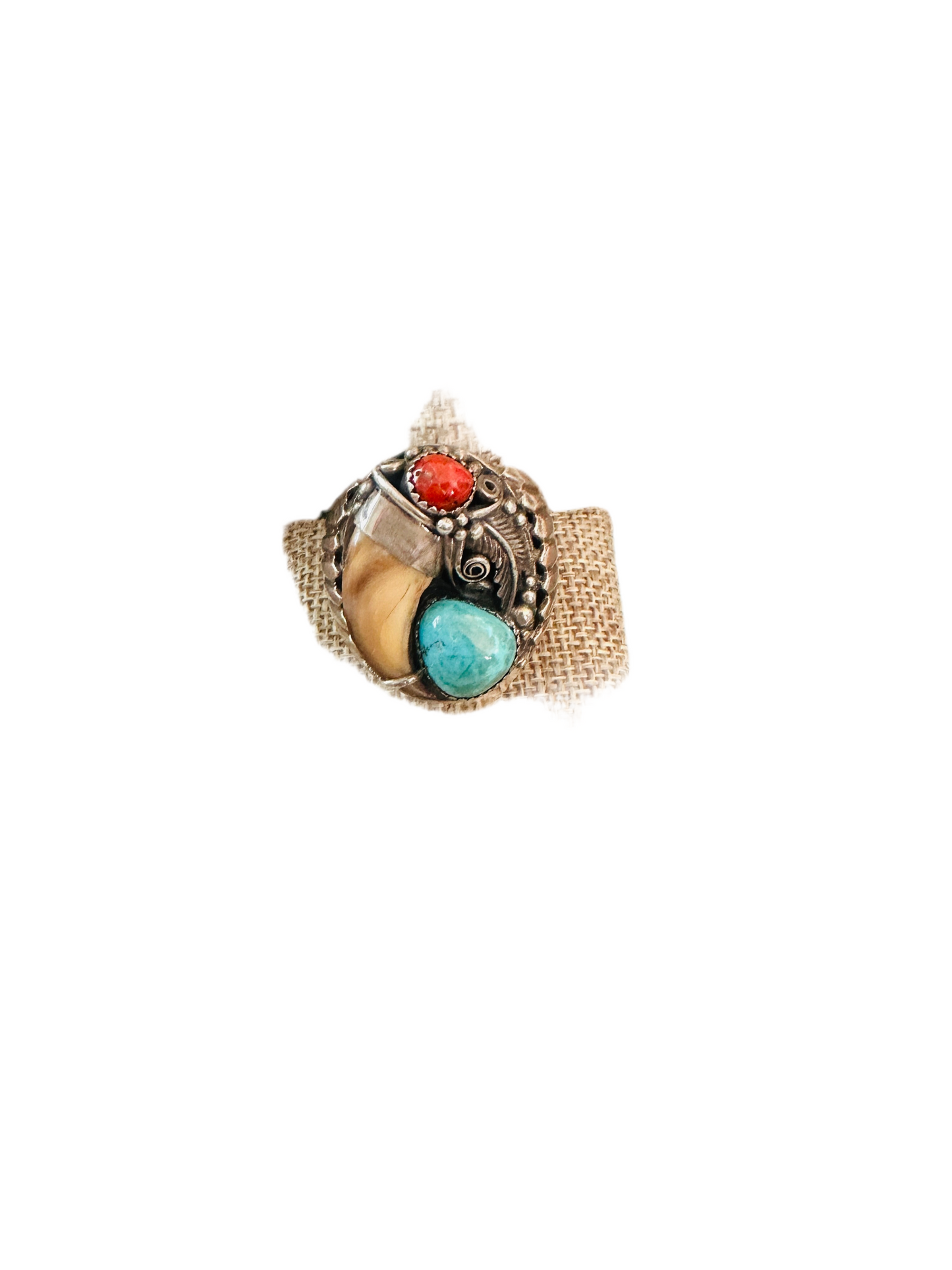 Handcrafted Old Pawn Sterling Silver, Turquoise & Coral Claw Ring Size 11.5