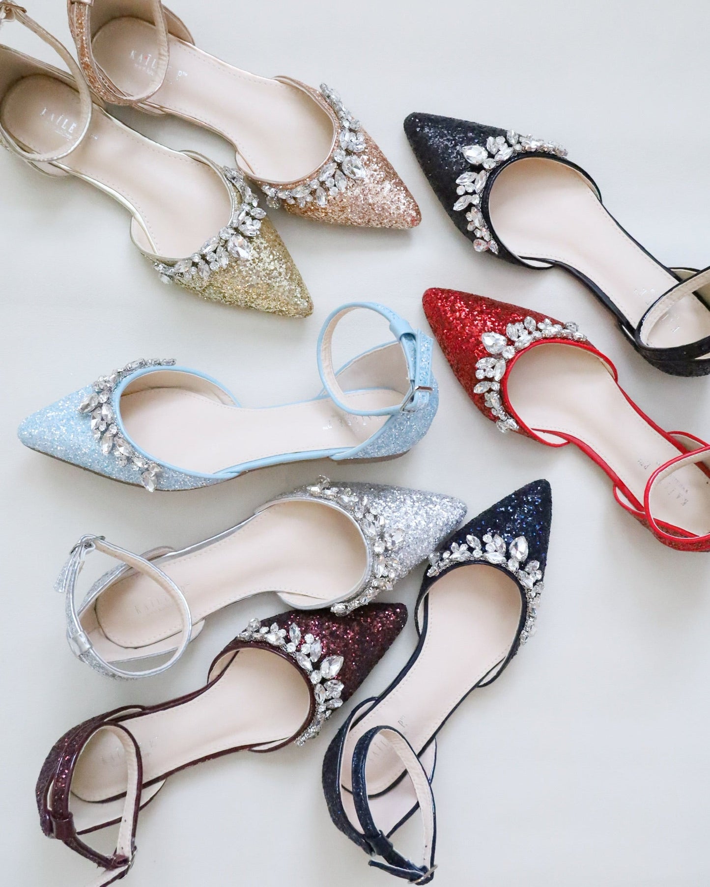 Pointy Toe Glitter Ankle Strap Flats with Teardrop Rhinestones
