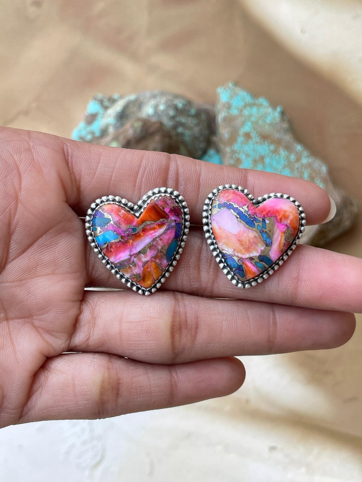 Handmade Pink Dream Mojave and Sterling Silver Heart Earrings Signed Nizhoni