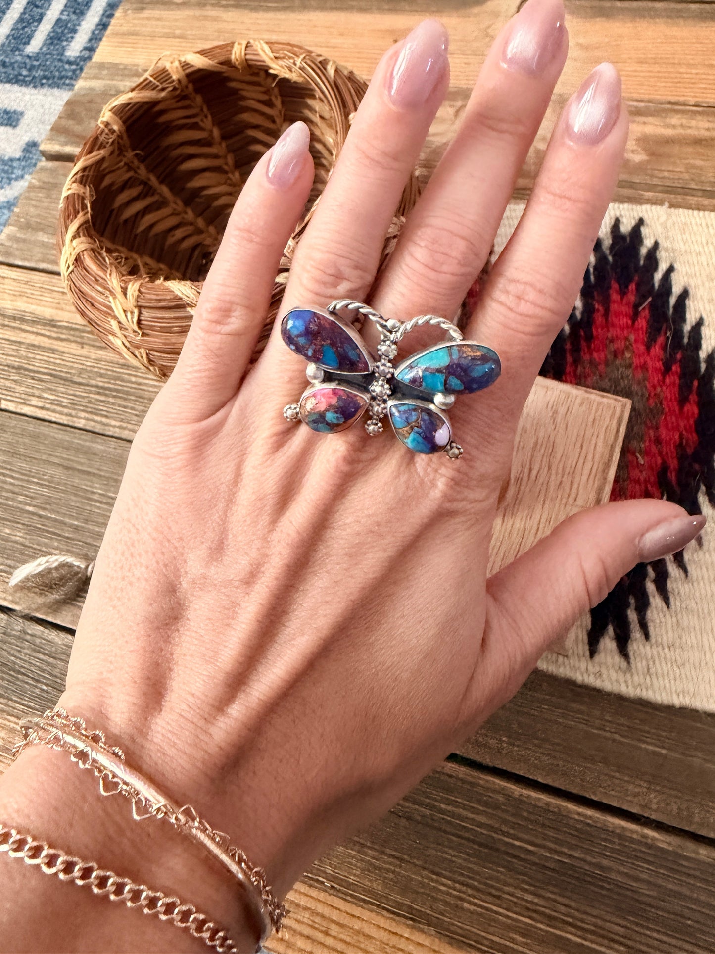 Handcrafted Pink Dream Mojave & Sterling Silver Adjustable Butterfly Ring