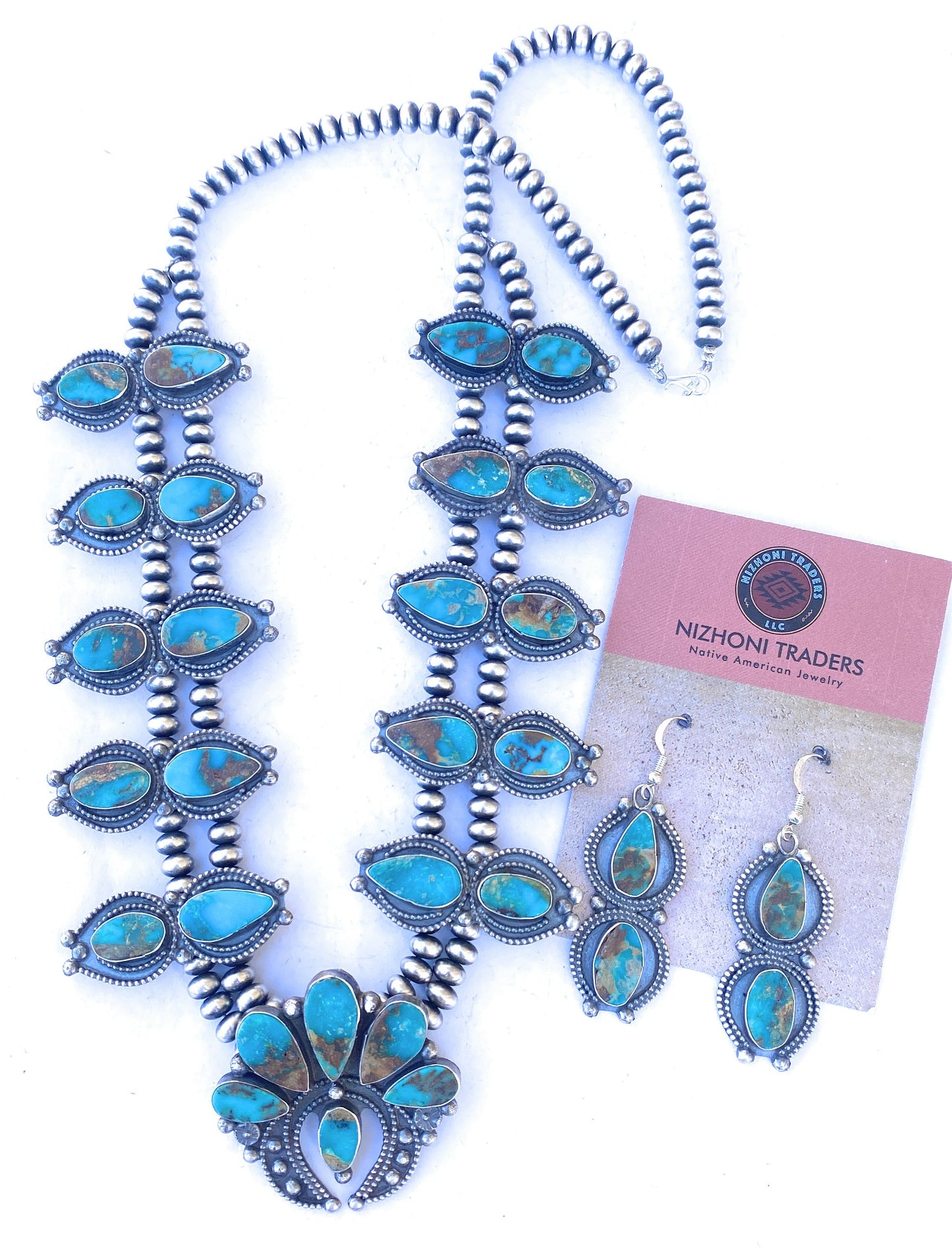 Handcrafted Sterling Silver & Royston Turquoise Beaded Squash Style Necklace Set by Jaqueline Silver