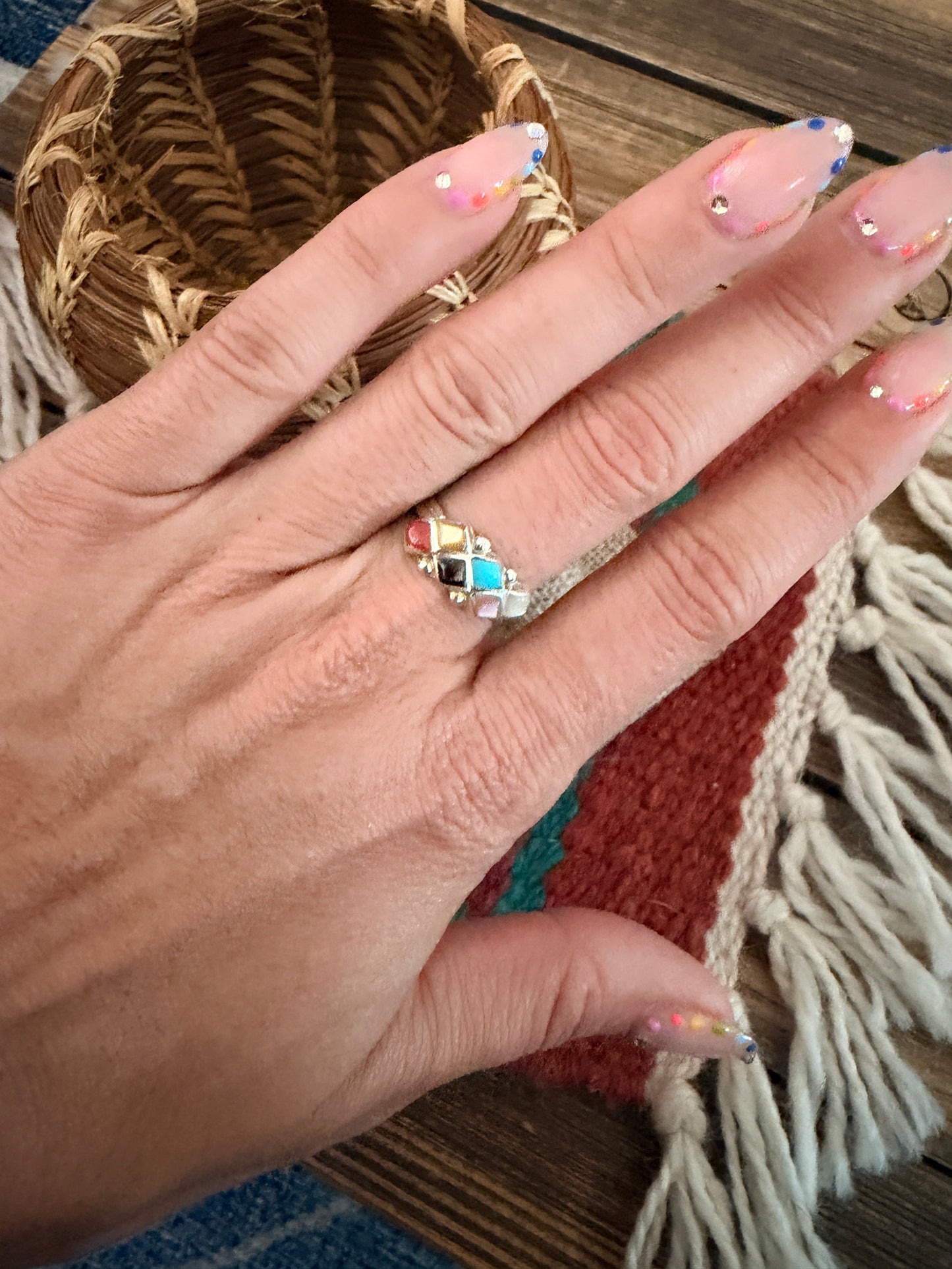 Handcrafted Multi Stone & Sterling Silver Band Ring Size 6.25