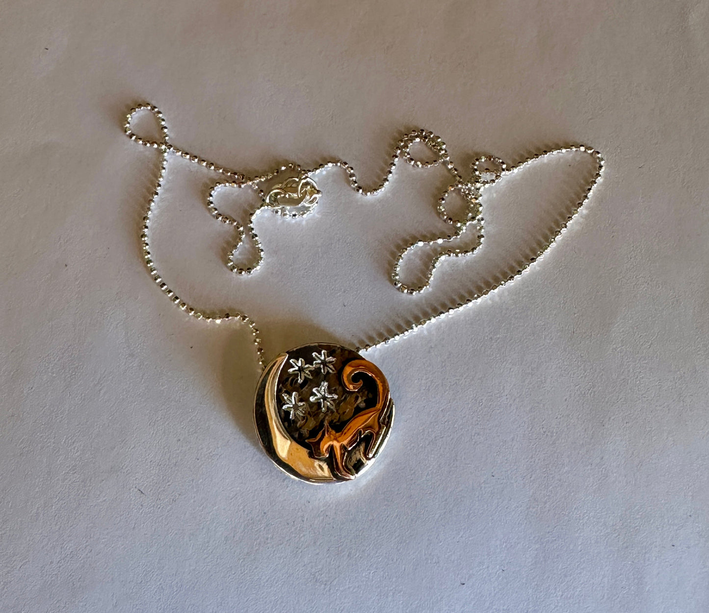 Cat on the Moon Sterling Silver Copper Pendant Necklace