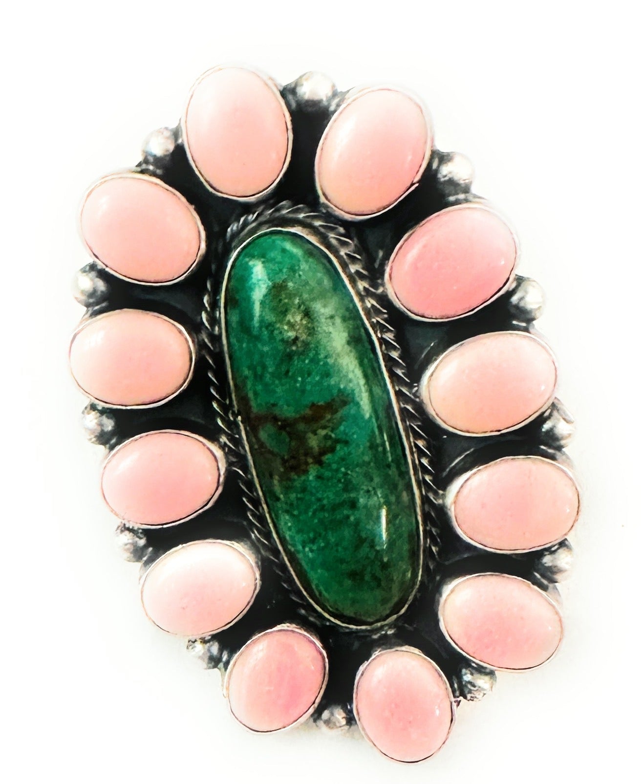 Handcrafted Sterling Silver, Queen Pink Conch Shell & Turquoise Cluster Ring Size 7