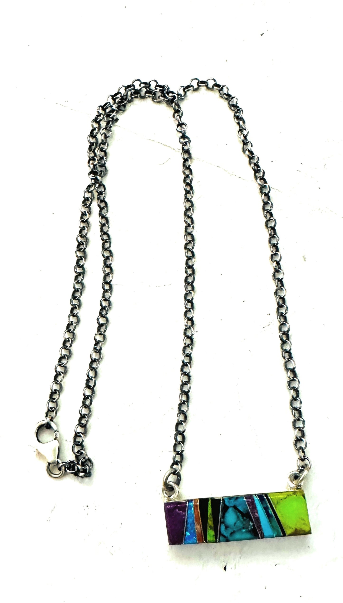 Handcrafted Multi Stone & Sterling Silver Inlay Bar Necklace