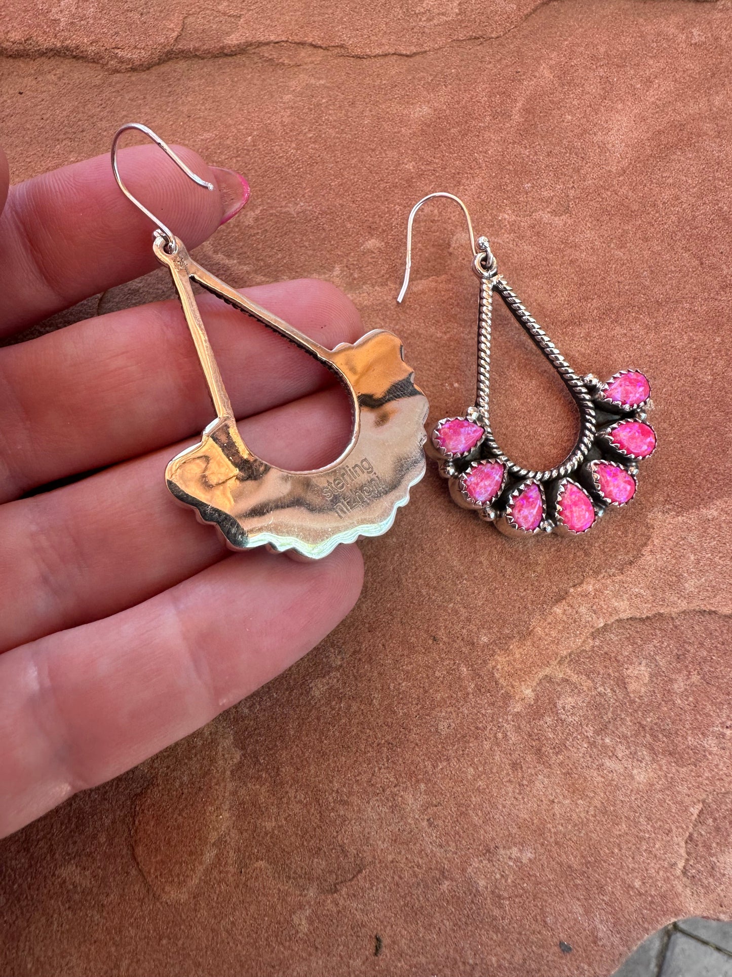 Handmade Sterling Silver & Hot Pink Fire Opal Dangle Earrings