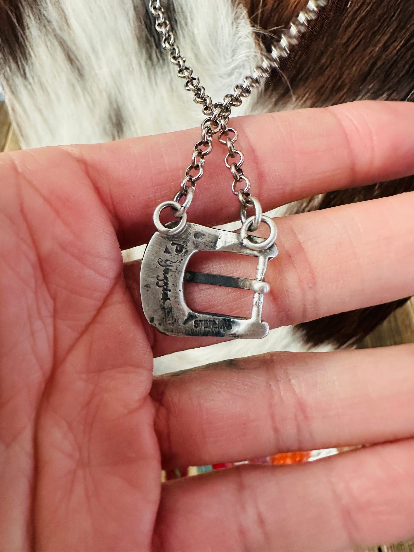 Handcrafted Sterling Silver Belt Buckle Necklace by Patrick Yazzie