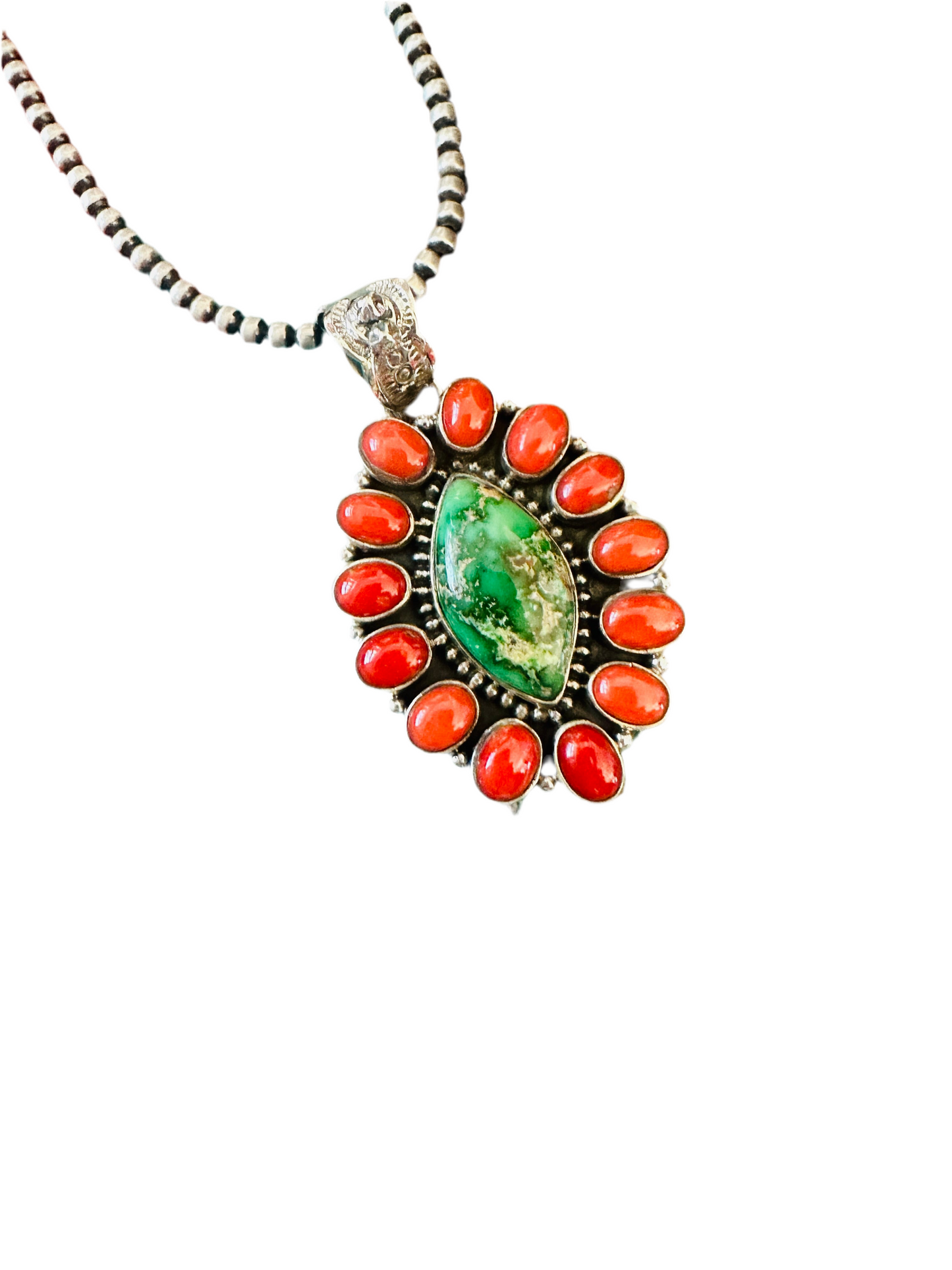 ** Christmas Collection ** Handmade Sterling Silver, Coral & Turquoise Cluster Pendant Signed Nizhoni