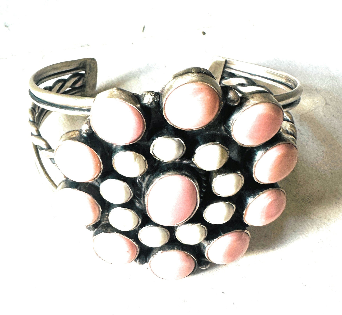 Handcrafted Queen Pink Conch, White Buffalo & Sterling Silver Cluster Cuff Bracelet