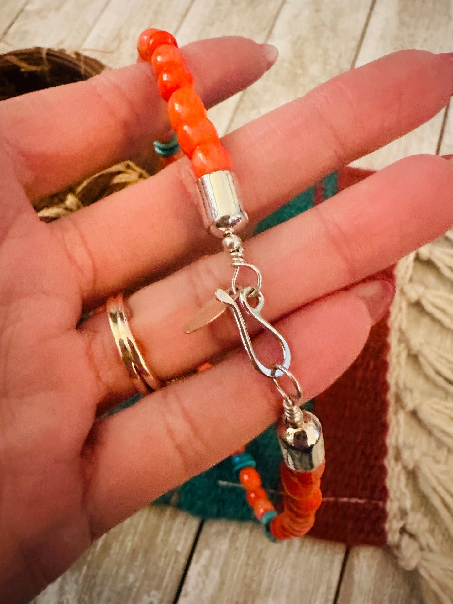 Handcrafted Spiny Oyster, Turquoise & Sterling Silver Beaded Jacla Necklace