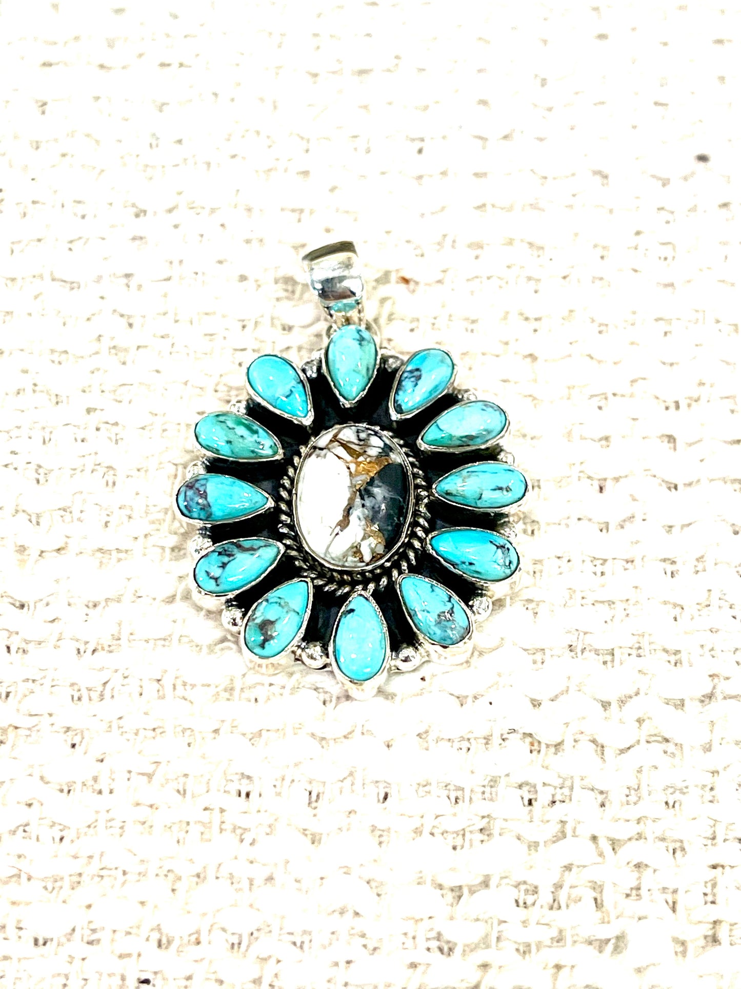Handmade Sterling Silver,Turquoise & White Buffalo Mojave Cluster Pendant