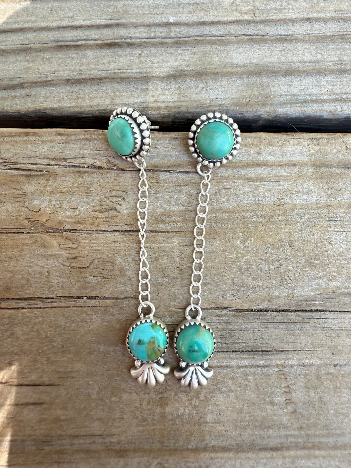 Handmade Sterling Silver Kingman Turquoise Dangle Earrings Signed Nizhoni 2 Stone