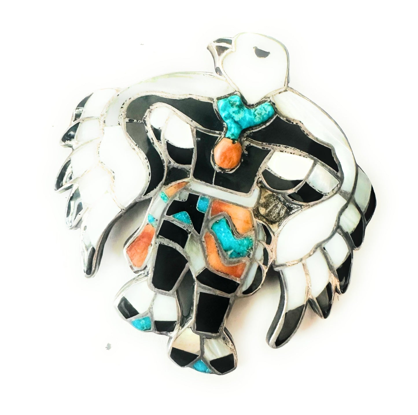 Vintage Handcrafted Sterling Silver & Multi Stone Inlay Eagle Dancer Bolo Slide