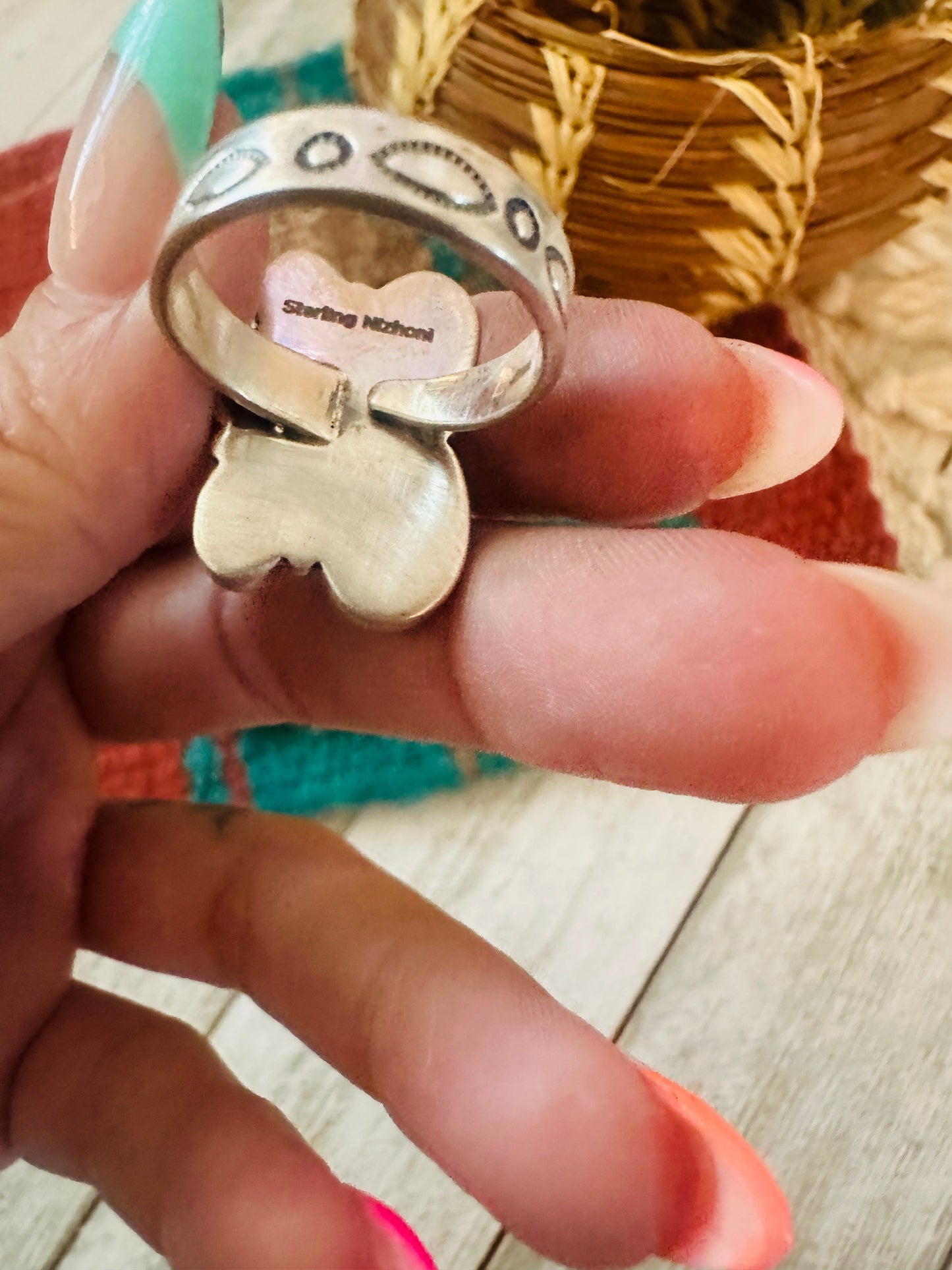 ** Christmas Collection ** Handmade Sterling Silver, Turquoise & Coral Adjustable Ring Signed Nizhoni