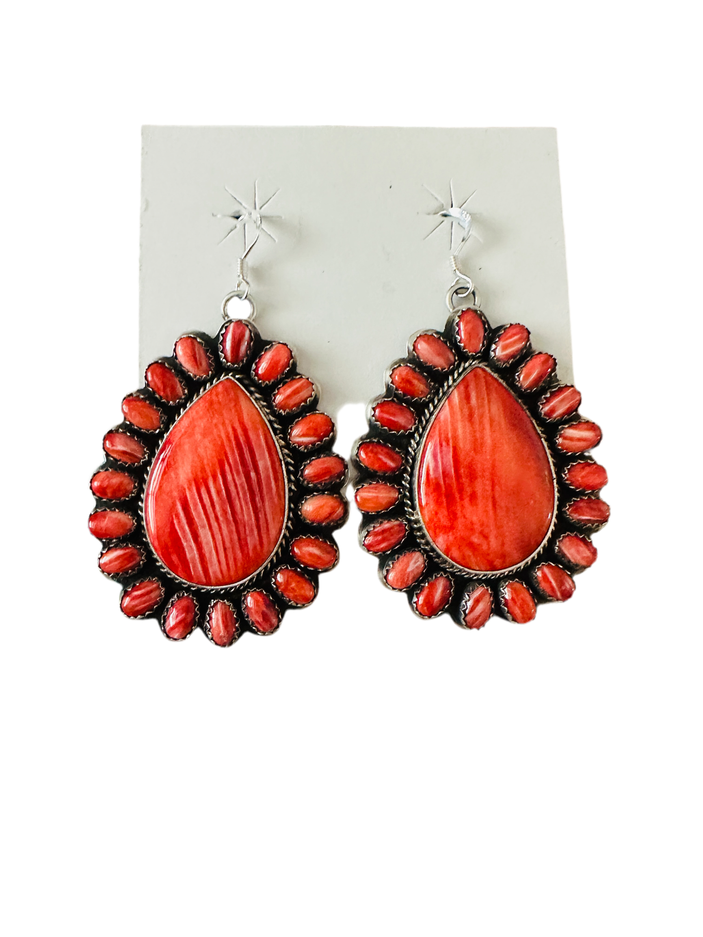 Handcrafted Sterling Silver & Red Spiny Cluster Dangle Earrings