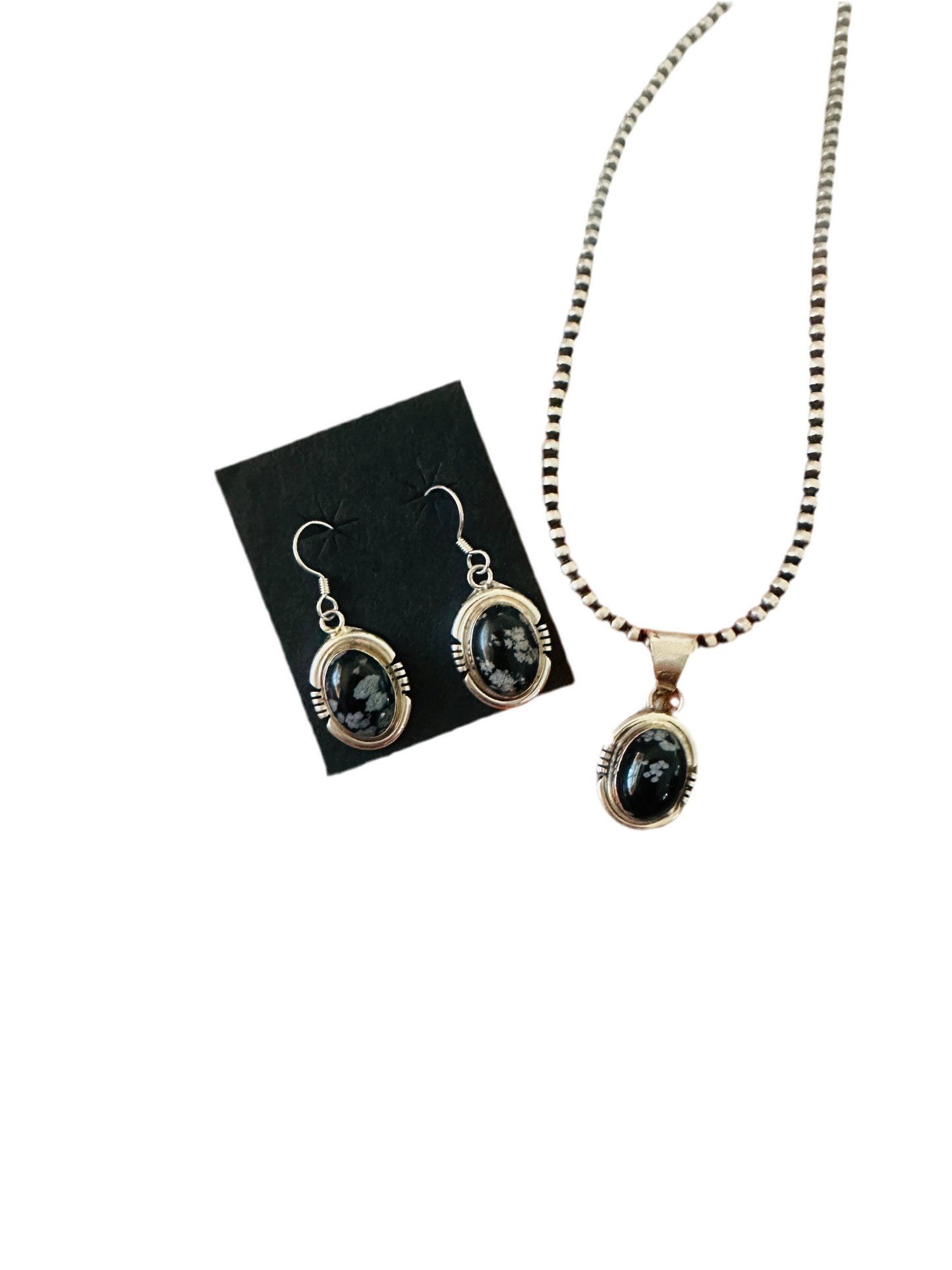 Handcrafted Sterling Silver & Snowflake Obsidian Pendant and Earring Set