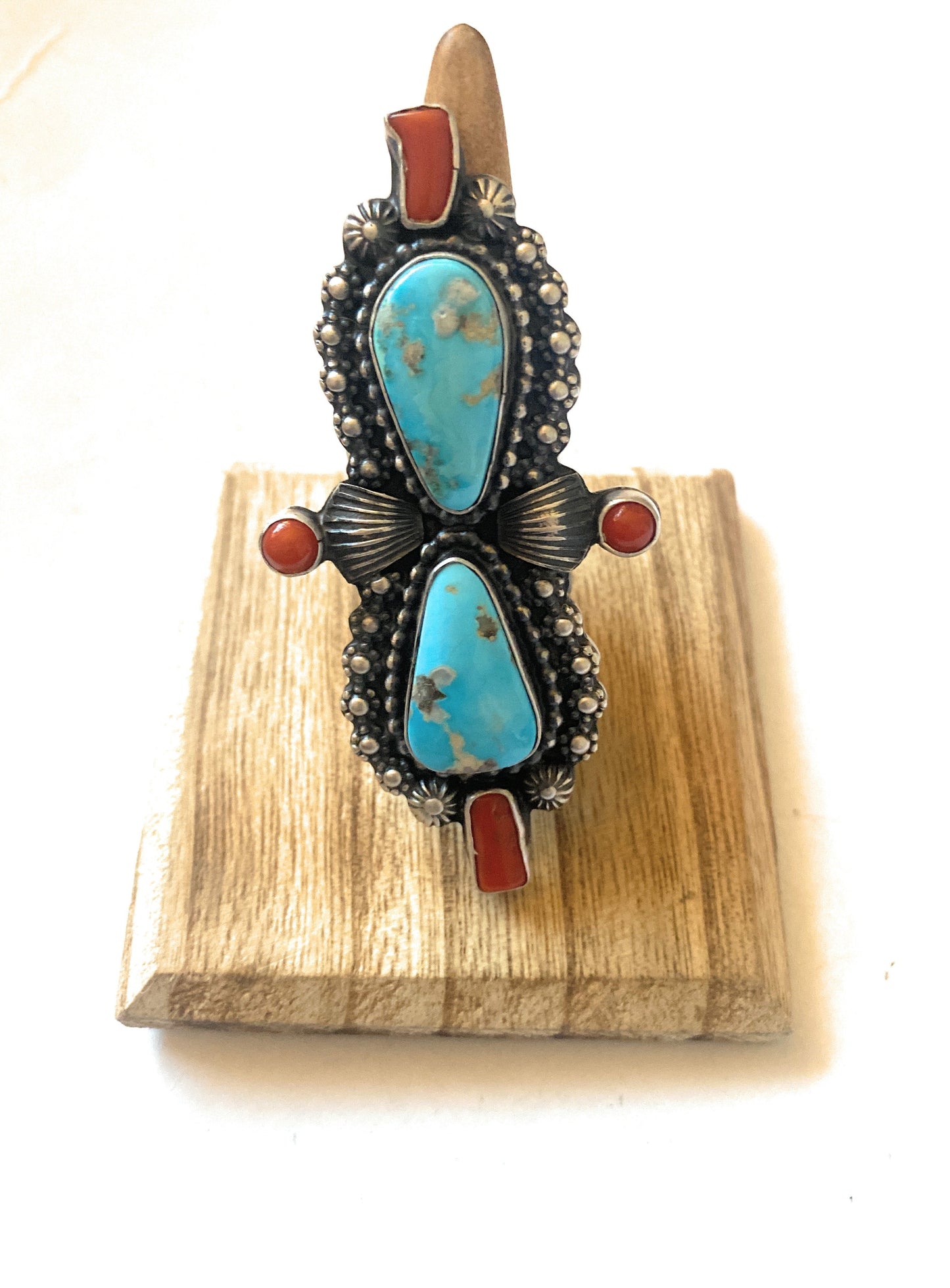 Handcrafted Sterling Kingman Turquoise & Red Coral Ring Size 8.5 By Shawn Cayatineto