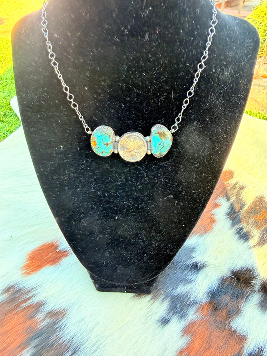Handcrafted Number 8 Turquoise & Sterling Silver Liberty Dime Necklace by Johnny Frank