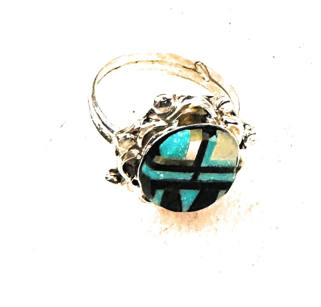 Handcrafted Multi Stone & Sterling Silver Inlay Ring Size 7