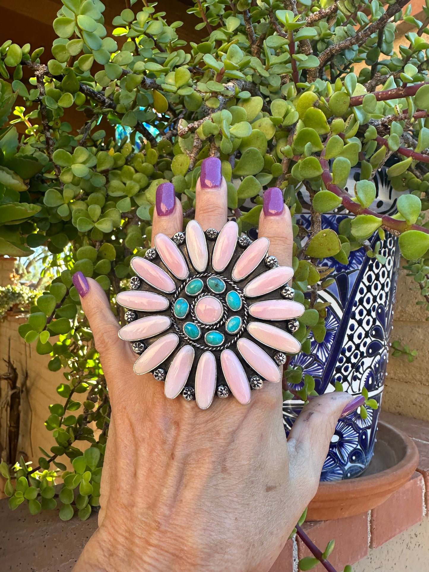 Handcrafted Sterling Silver, Turquoise & Queen Pink Conch Adjustable Ring