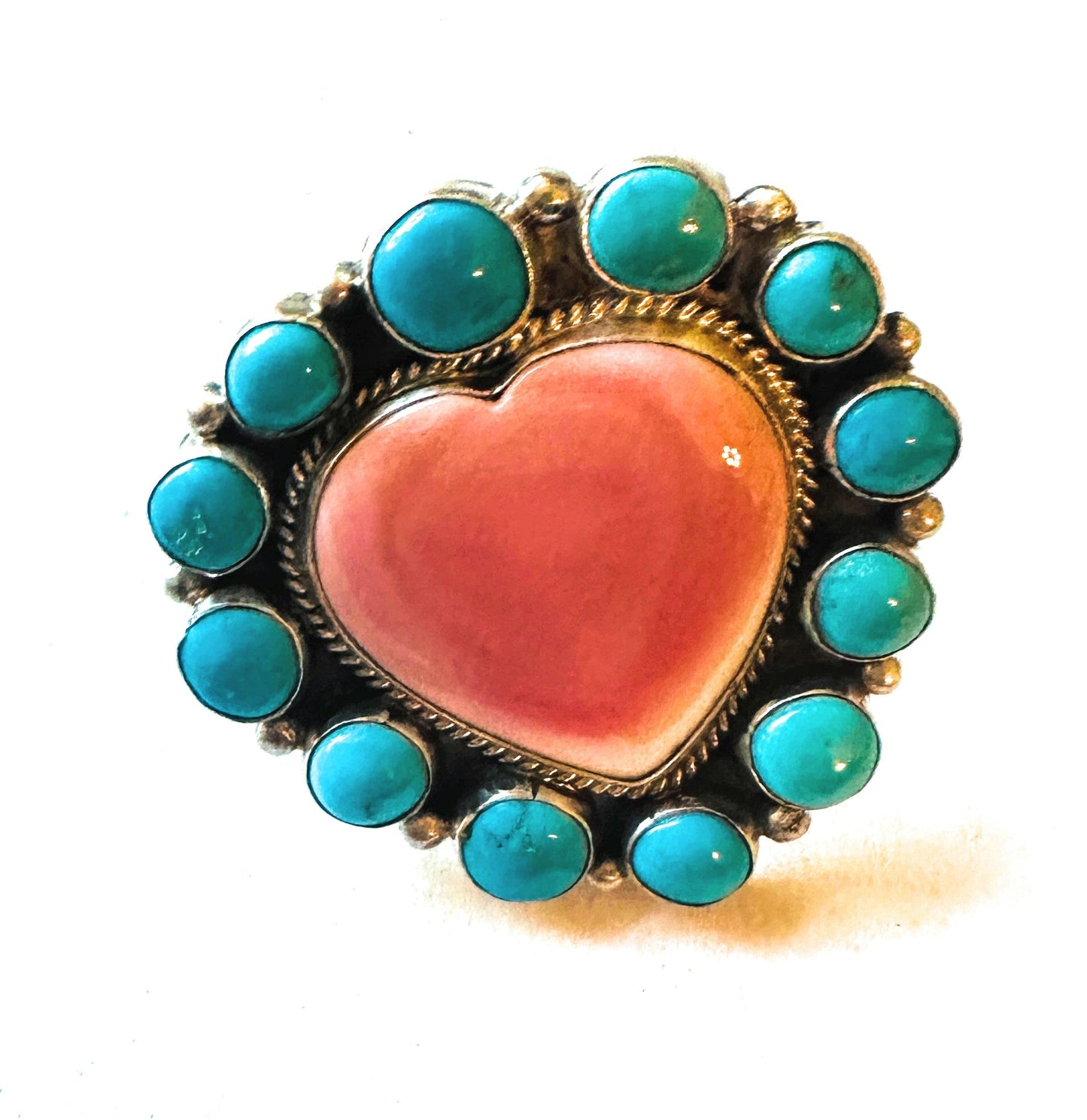 Handcrafted Sterling Silver, Queen Pink Conch & Turquoise Heart Adjustable Ring