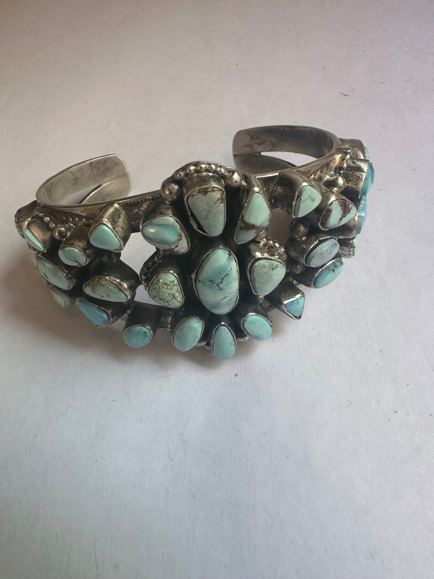Handcrafted Golden Hills Turquoise & Sterling Silver Cluster Cuff Bracelet Signed B Johnson /