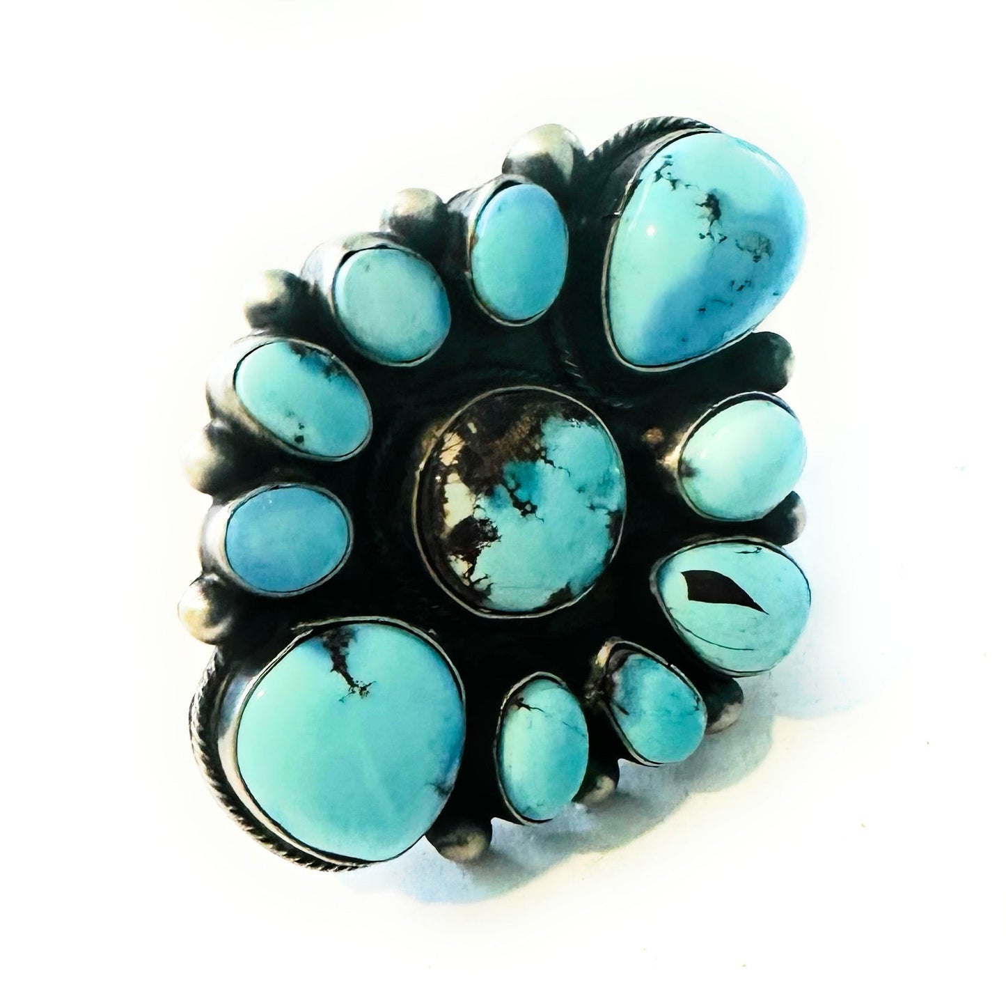 Handcrafted Golden Hills Turquoise & Sterling Silver Cluster Ring Size 8