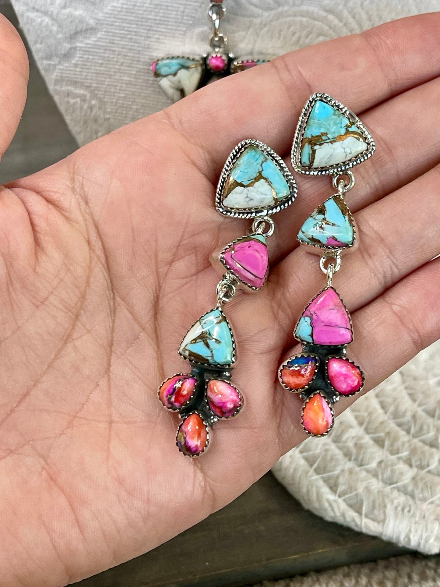 Handmade Cotton Candy , Pink Dream Mojave & Sterling Silver Lariat Necklace Set