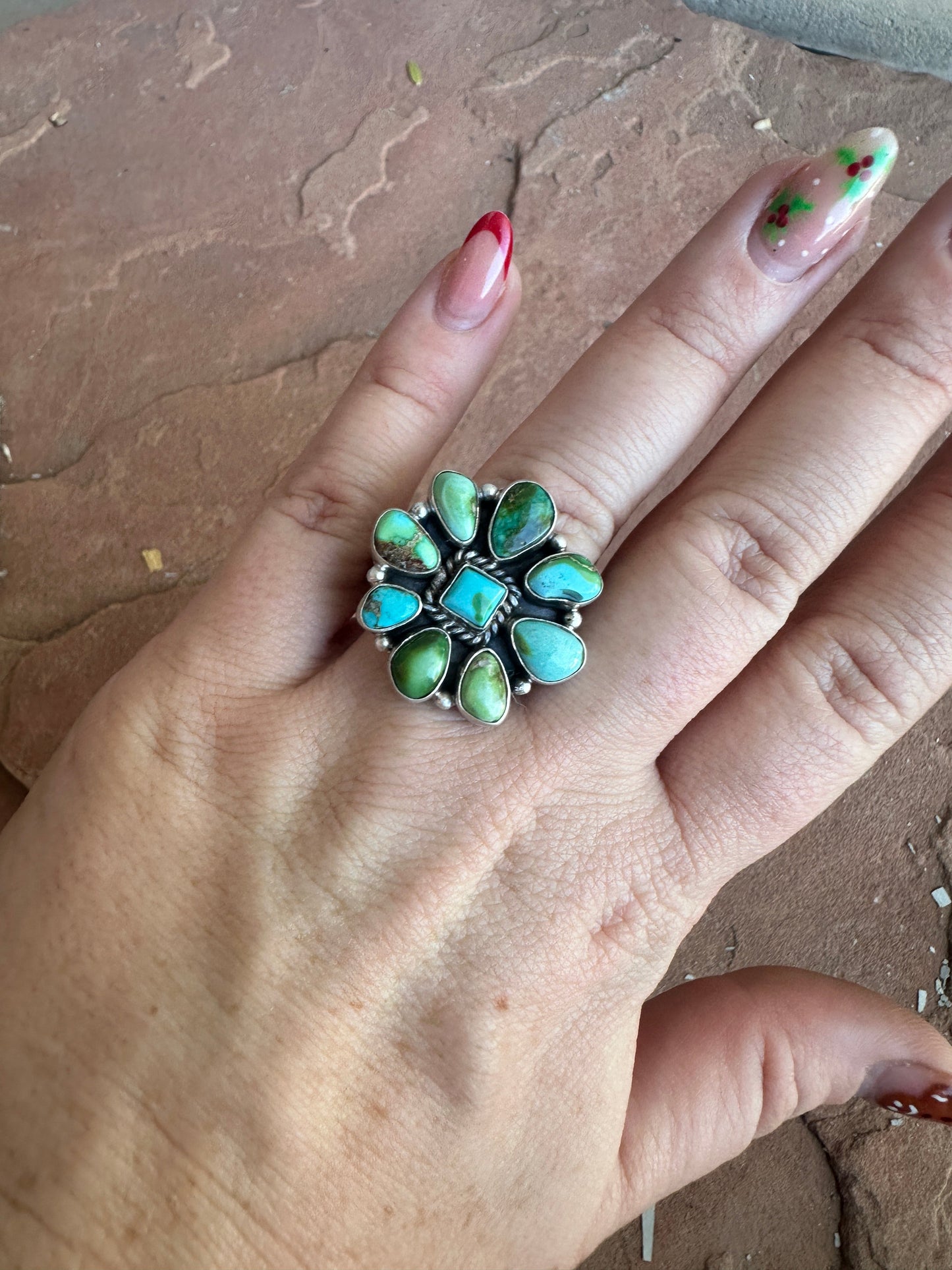 Handmade Sonoran Mountain Turquoise & Sterling Adjustable Flower Cluster Ring