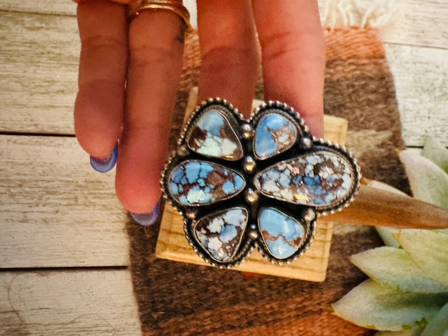 Navajo Golden Hills Turquoise & Sterling Silver Cluster Ring Size 6.5