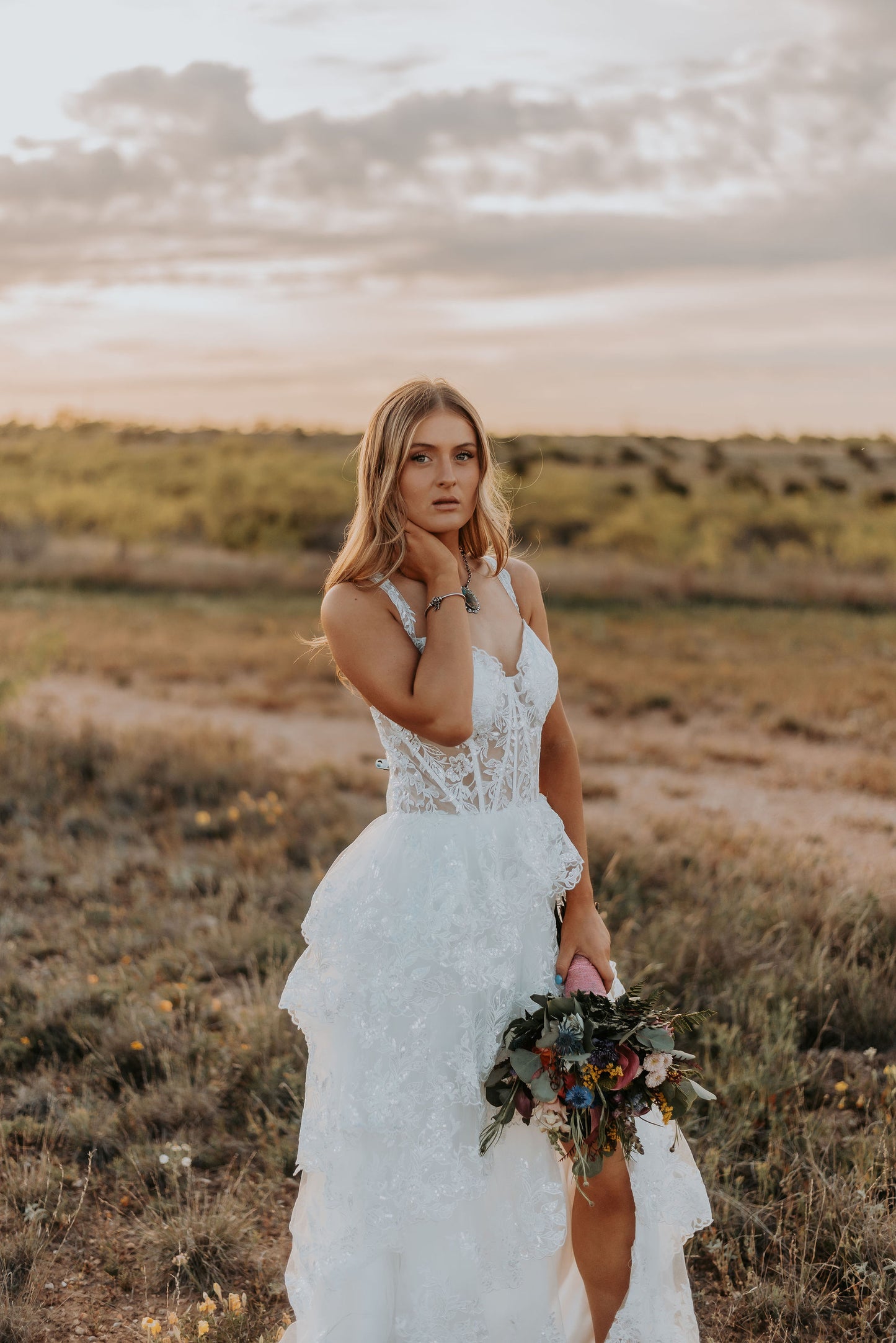 The Harlow Gown – Romantic Tiered Lace Wedding Dress with High-Low Skirt