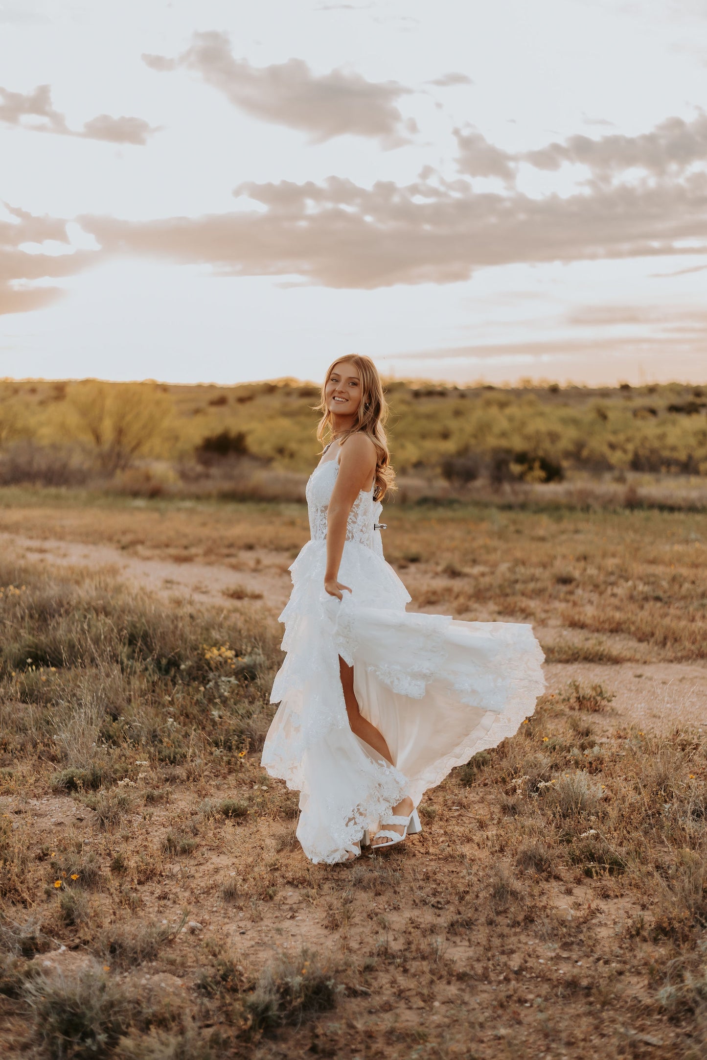 The Harlow Gown – Romantic Tiered Lace Wedding Dress with High-Low Skirt