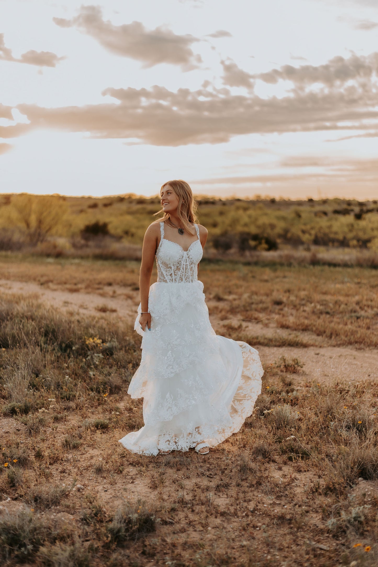 The Harlow Gown – Romantic Tiered Lace Wedding Dress with High-Low Skirt