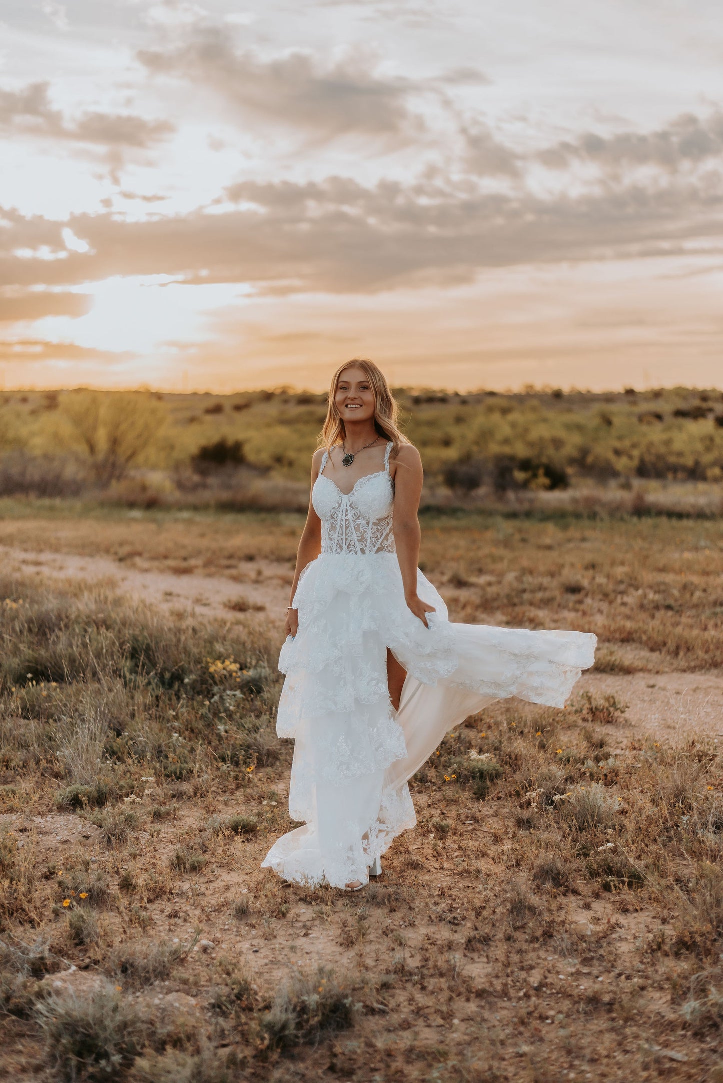 The Harlow Gown – Romantic Tiered Lace Wedding Dress with High-Low Skirt