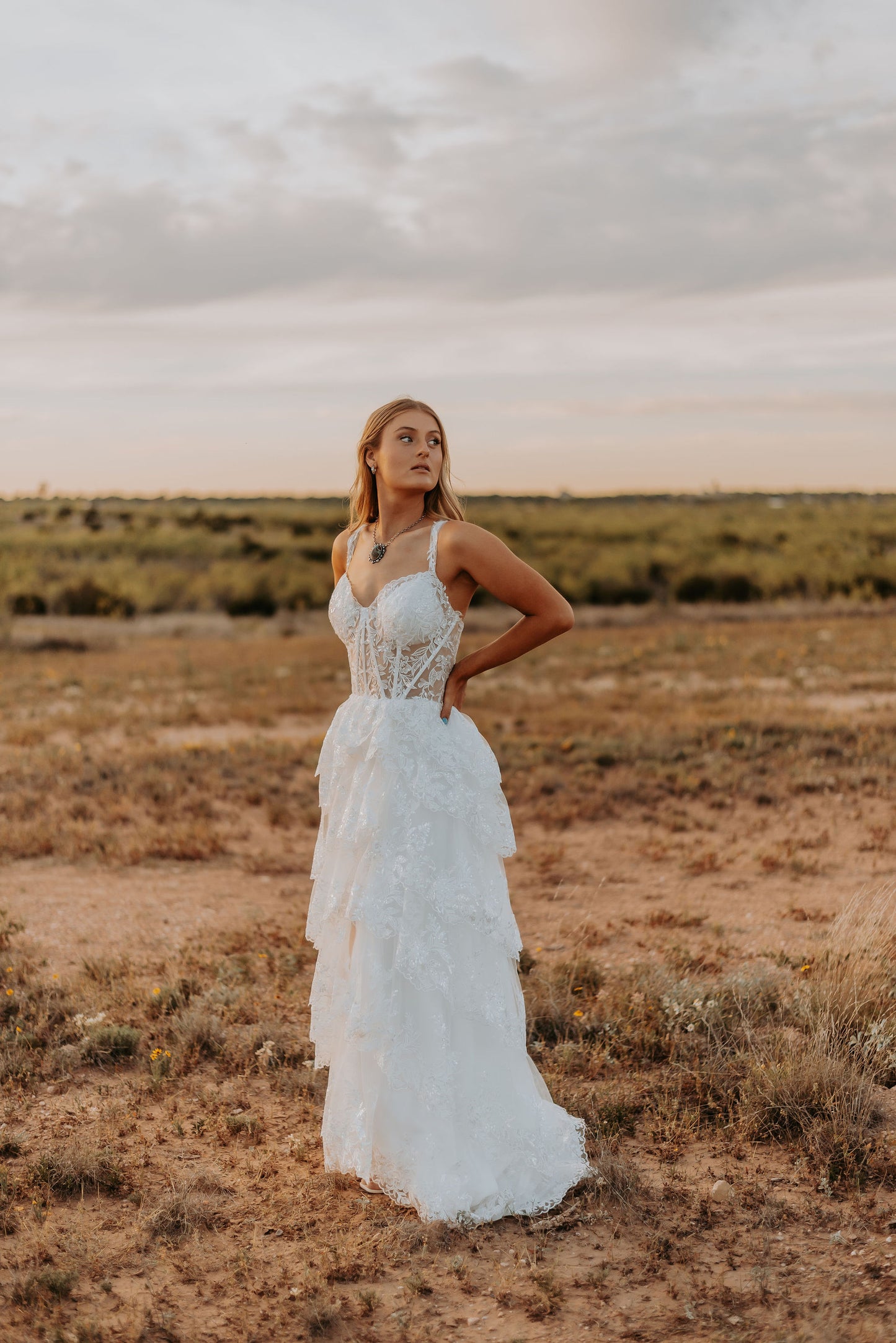 The Harlow Gown – Romantic Tiered Lace Wedding Dress with High-Low Skirt