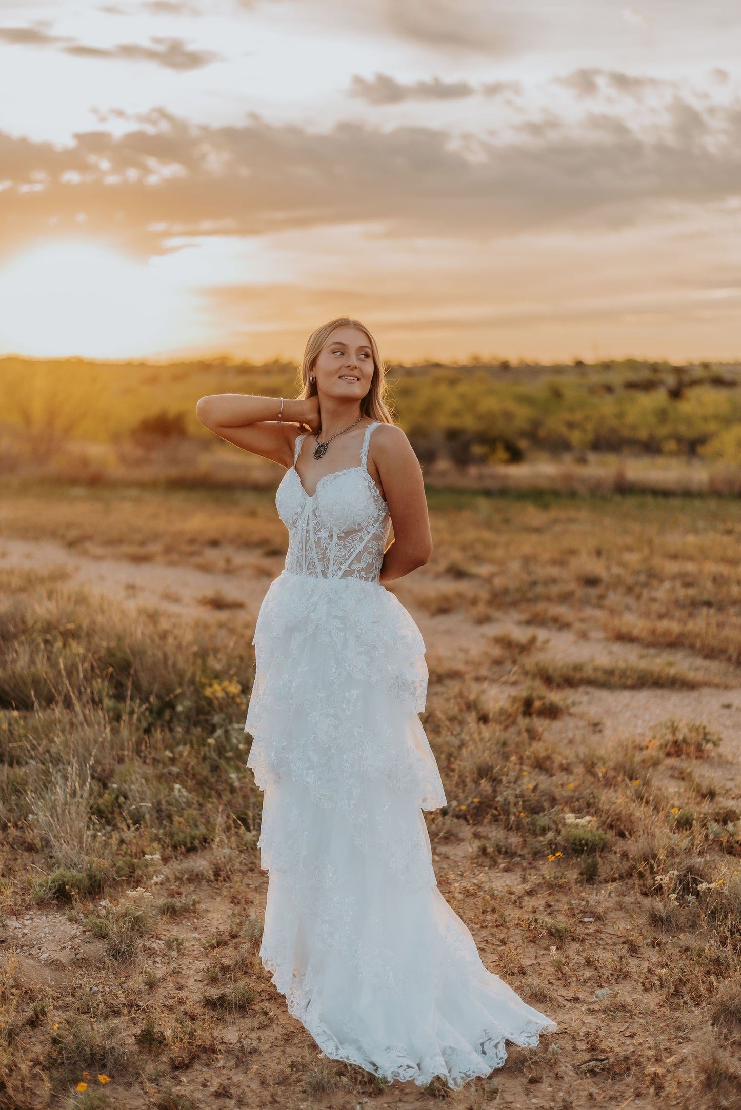 The Harlow Gown – Romantic Tiered Lace Wedding Dress with High-Low Skirt