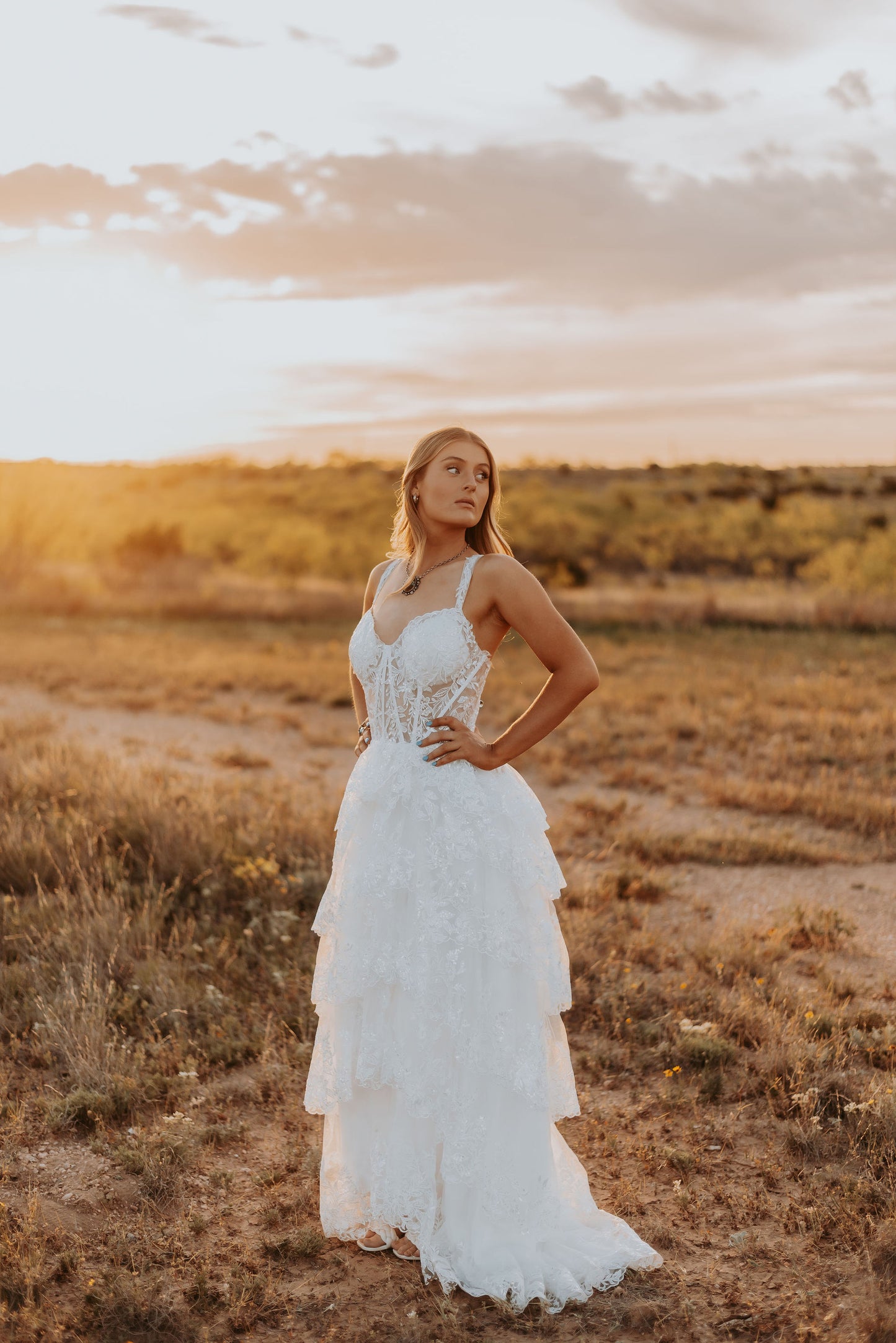 The Harlow Gown – Romantic Tiered Lace Wedding Dress with High-Low Skirt