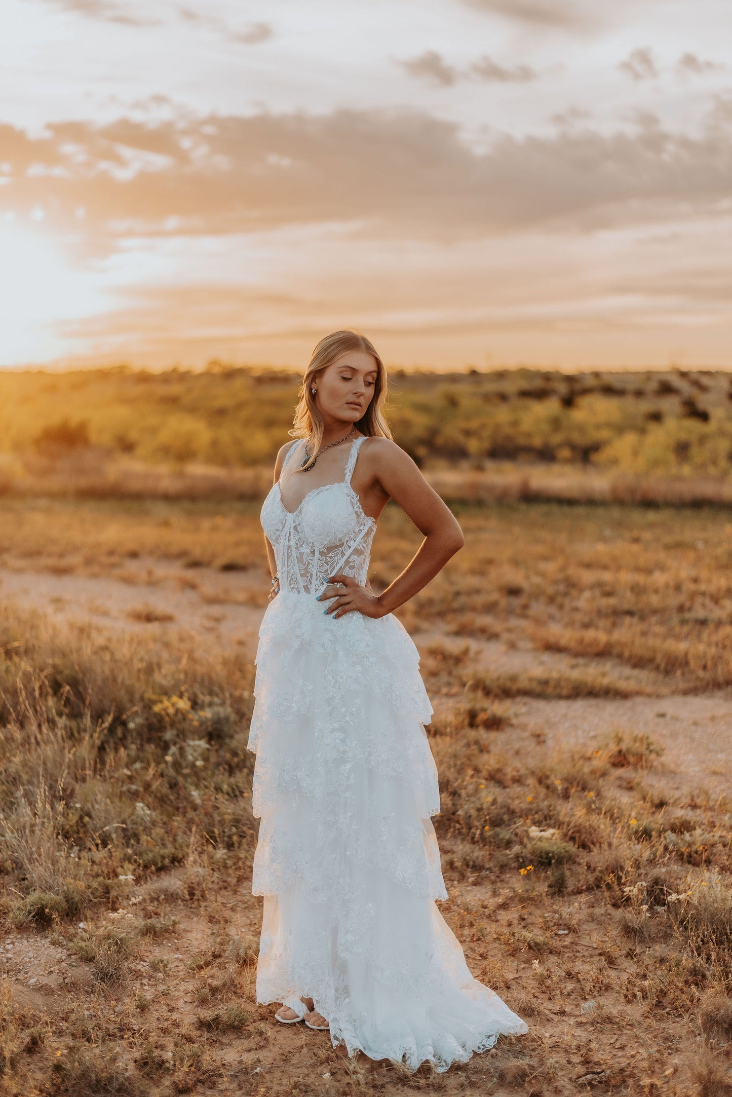 The Harlow Gown – Romantic Tiered Lace Wedding Dress with High-Low Skirt
