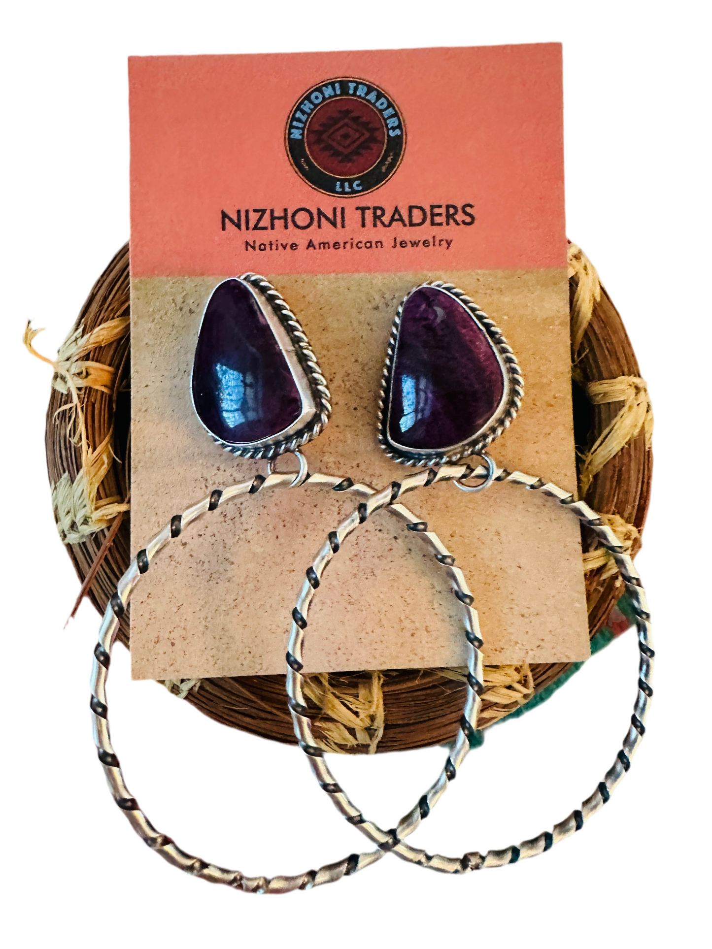 Handcrafted Purple Spiny and Sterling Silver Dangle Hoop Earrings