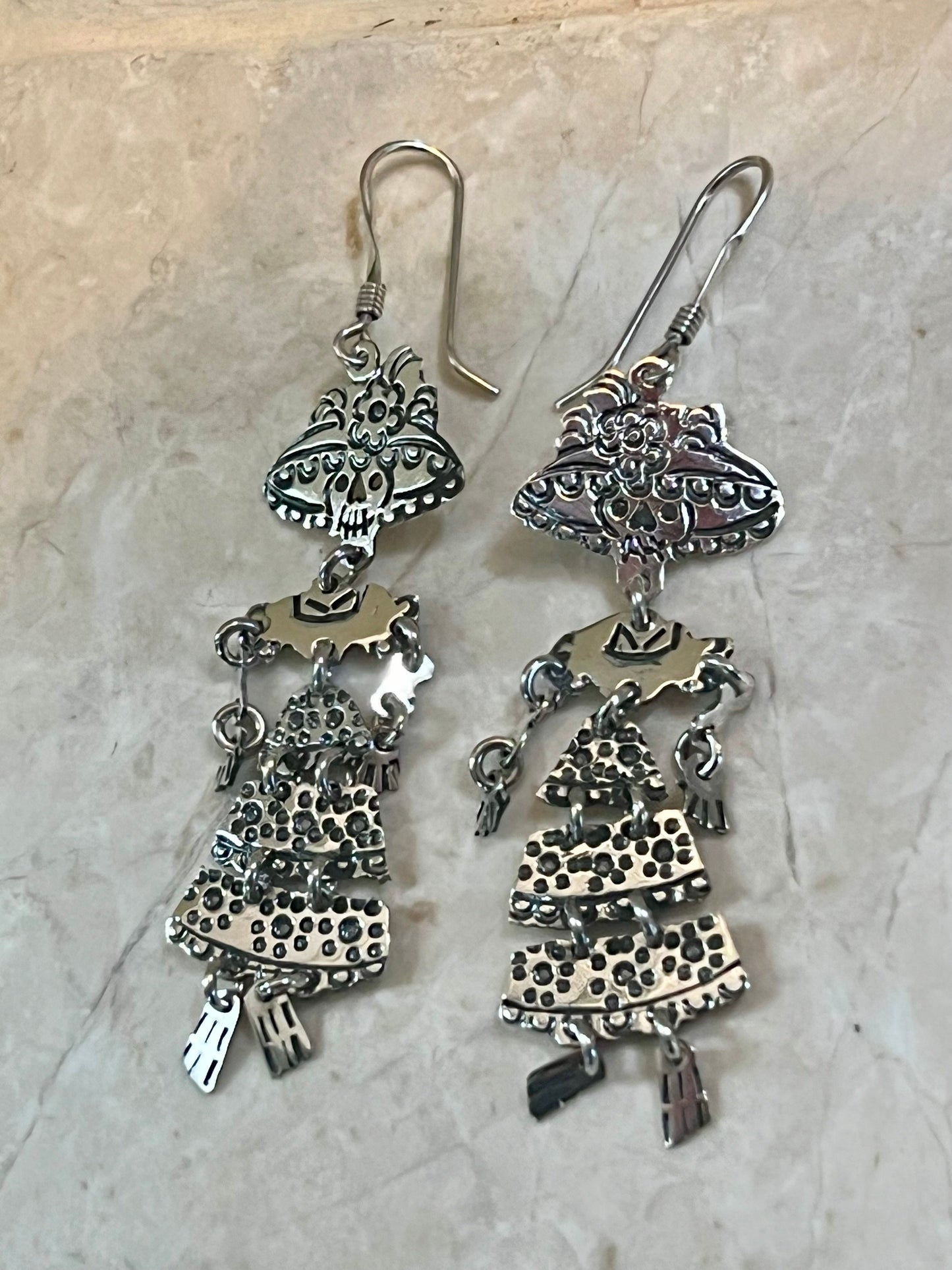 Hinged Catrina on Hook Sterling Silver Earrings